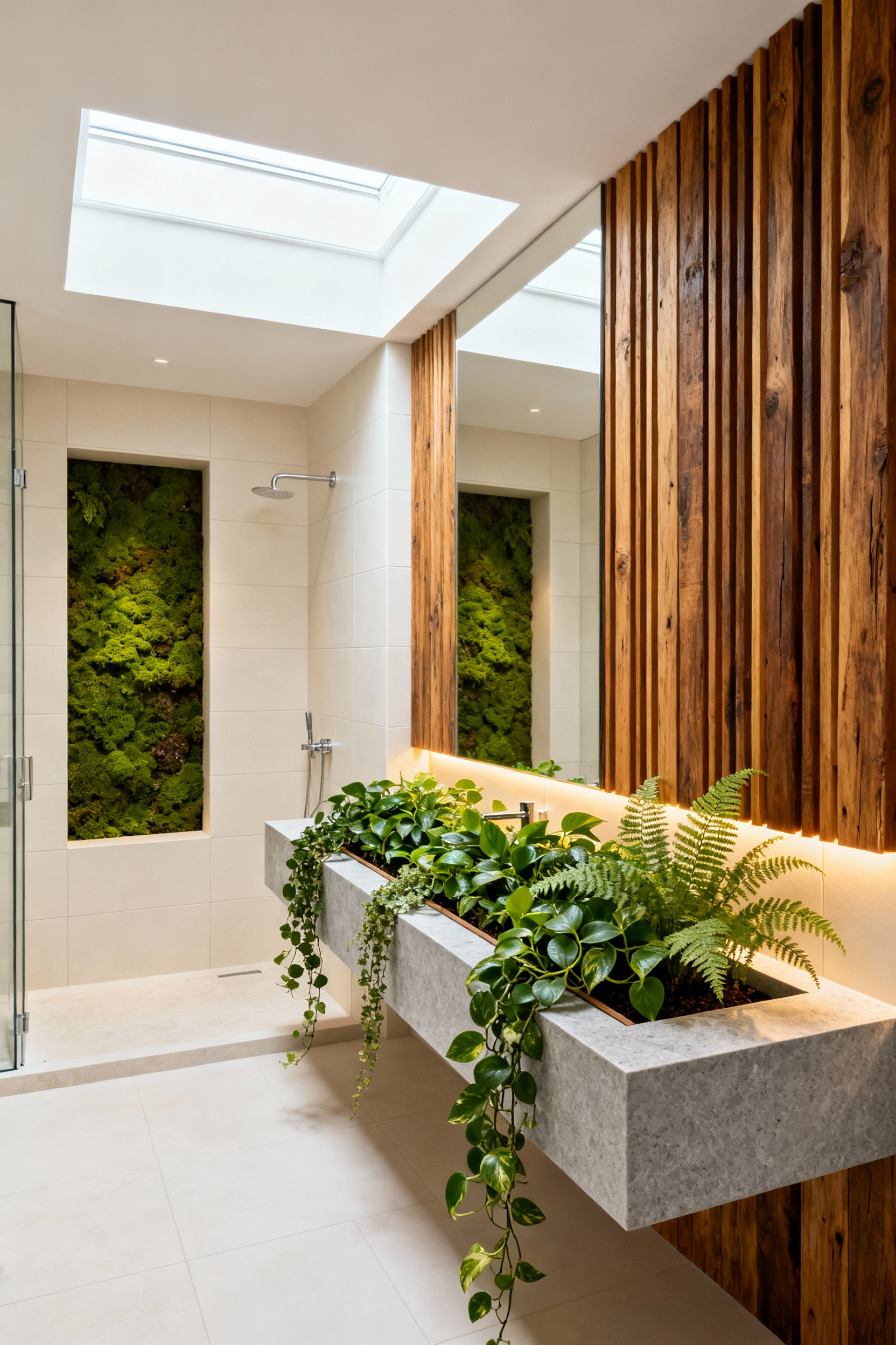 A modern, luxurious bathroom showcasing structural biophilia with a recessed planter strip integrated into a gray quartz vanity and a permanent preserved moss wall built into a tiled shower niche.