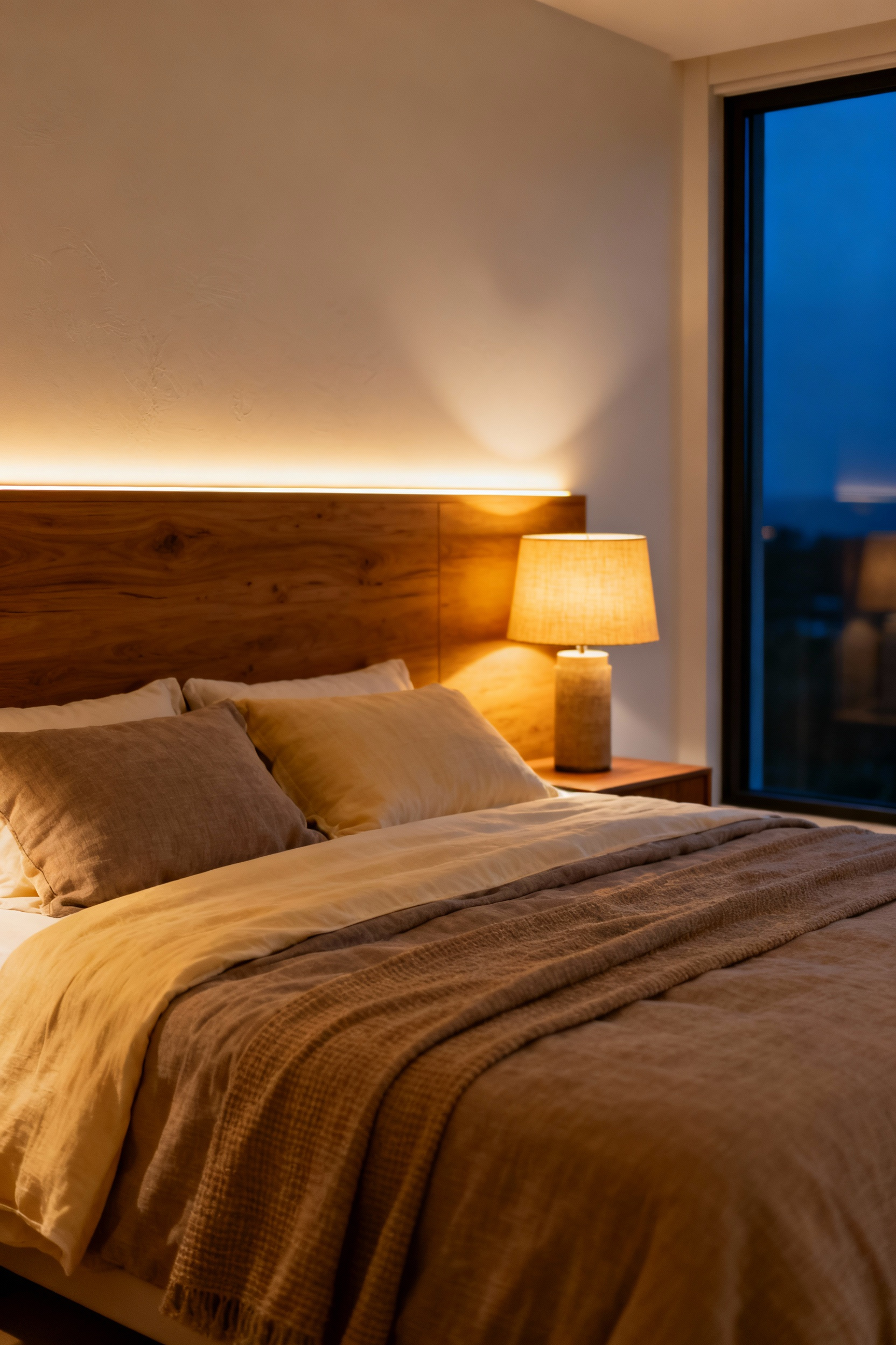 A modern bedroom interior illuminated exclusively by deep, warm 2700K amber lighting from bedside lamps and hidden cove lights, demonstrating optimal color temperature for sleep hygiene.