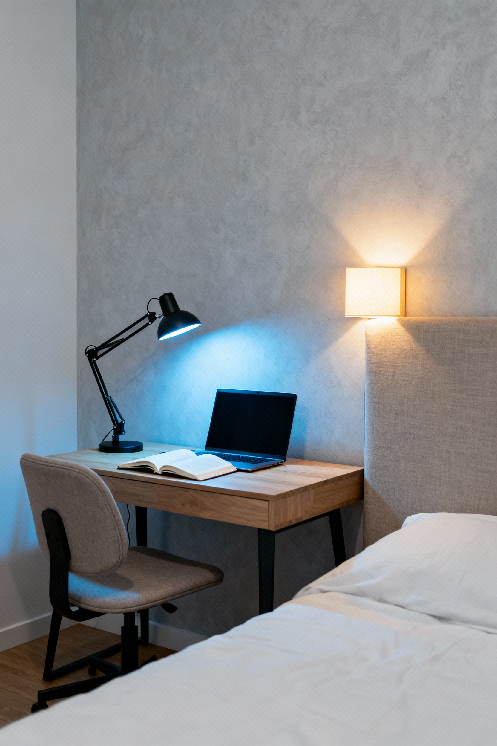 A modern bedroom work nook featuring a wooden desk brightly lit by a cool, blue-rich LED task lamp, demonstrating dynamic lighting control between alertness and relaxation.