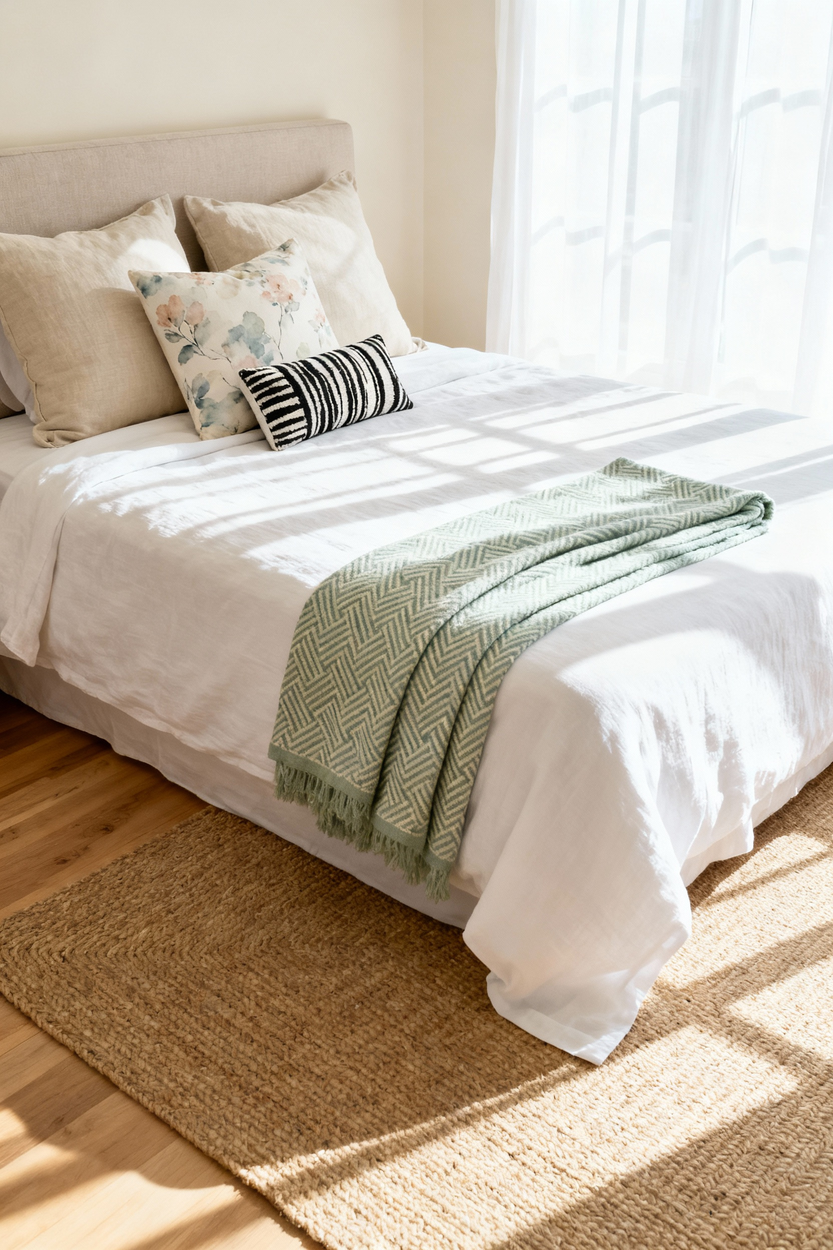 A serene bedroom styled using the 60-30-10 rule, featuring a solid white duvet and ivory walls (60 percent) grounding the space before introducing geometric and floral accent patterns.