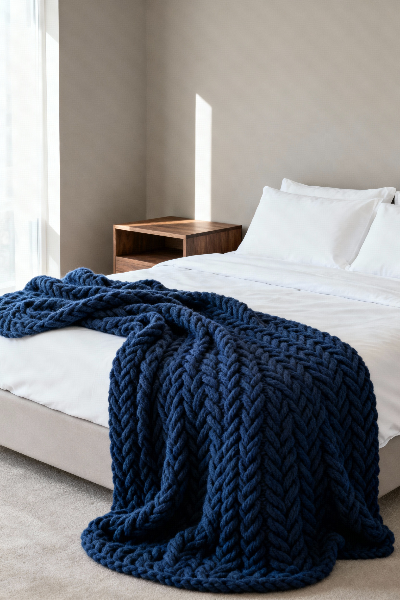 A photograph of a king-sized bed in a master bedroom featuring three layers of bedding, highlighted by a chunky, deep sapphire blue wool throw draped across the foot of the bed, contrasting sharply with the smooth white duvet.