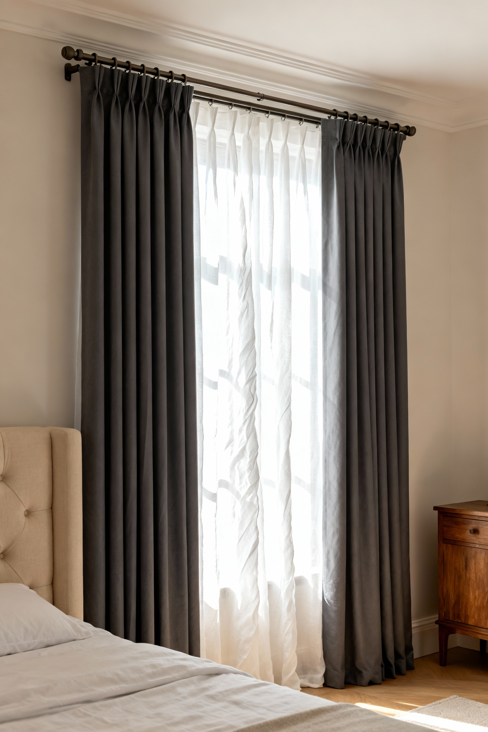 Elegant master bedroom window featuring dual-layer charcoal blackout drapes paired with airy white sheer linen curtains on a track system for light control.
