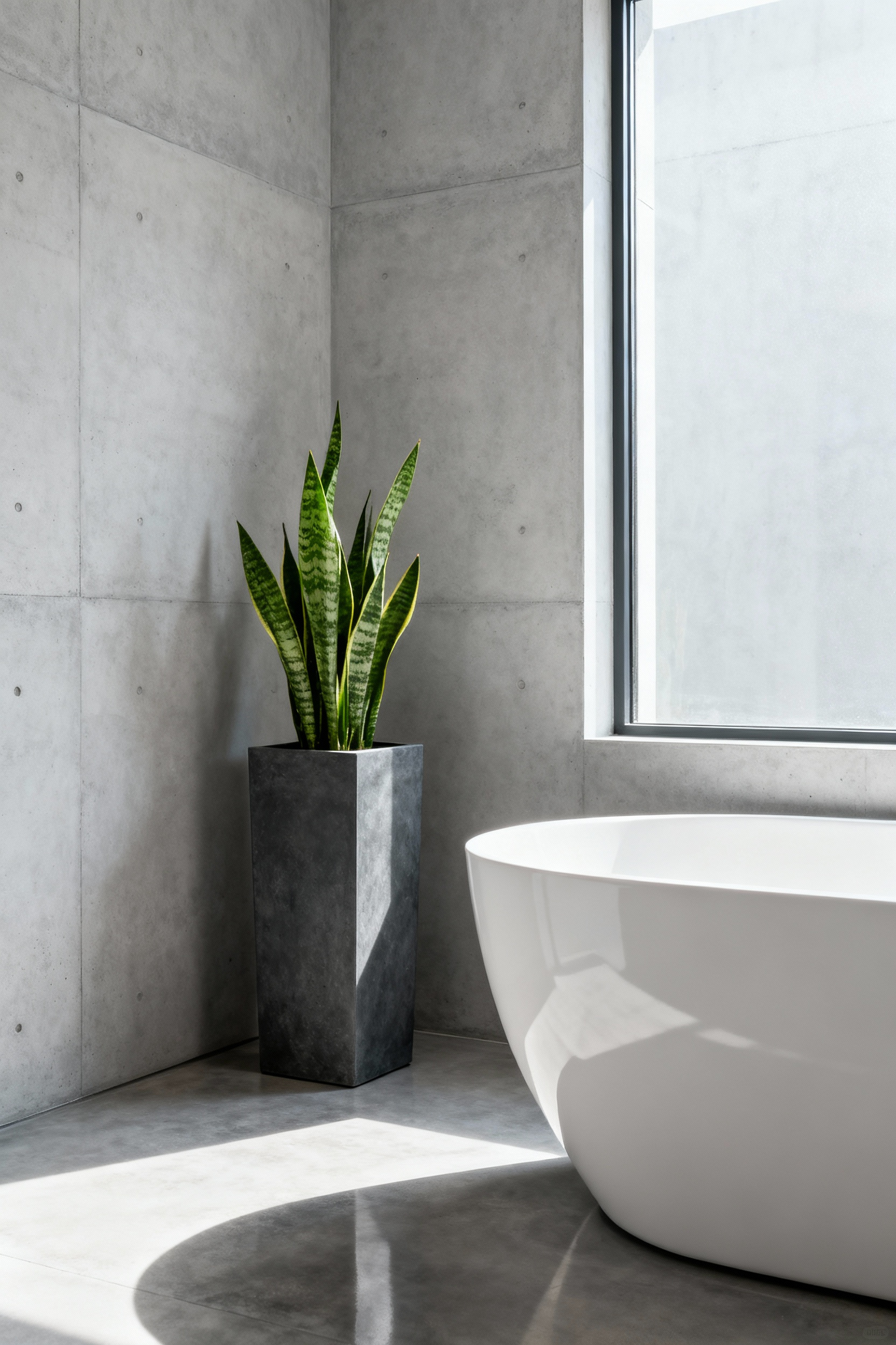 A minimalist luxury bathroom featuring a dark grey concrete planter with a snake plant next to a freestanding tub, embodying biophilic design principles.