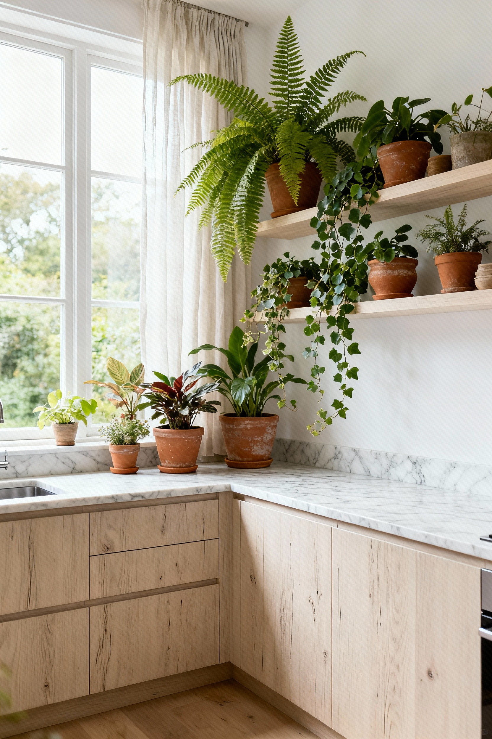 Serene Scandinavian kitchen featuring rift-sawn white oak cabinets, a Carrara marble countertop, and diverse indoor plants in terracotta planters. Large window with linen curtains, bathed in soft natural light, showcasing biophilic design.