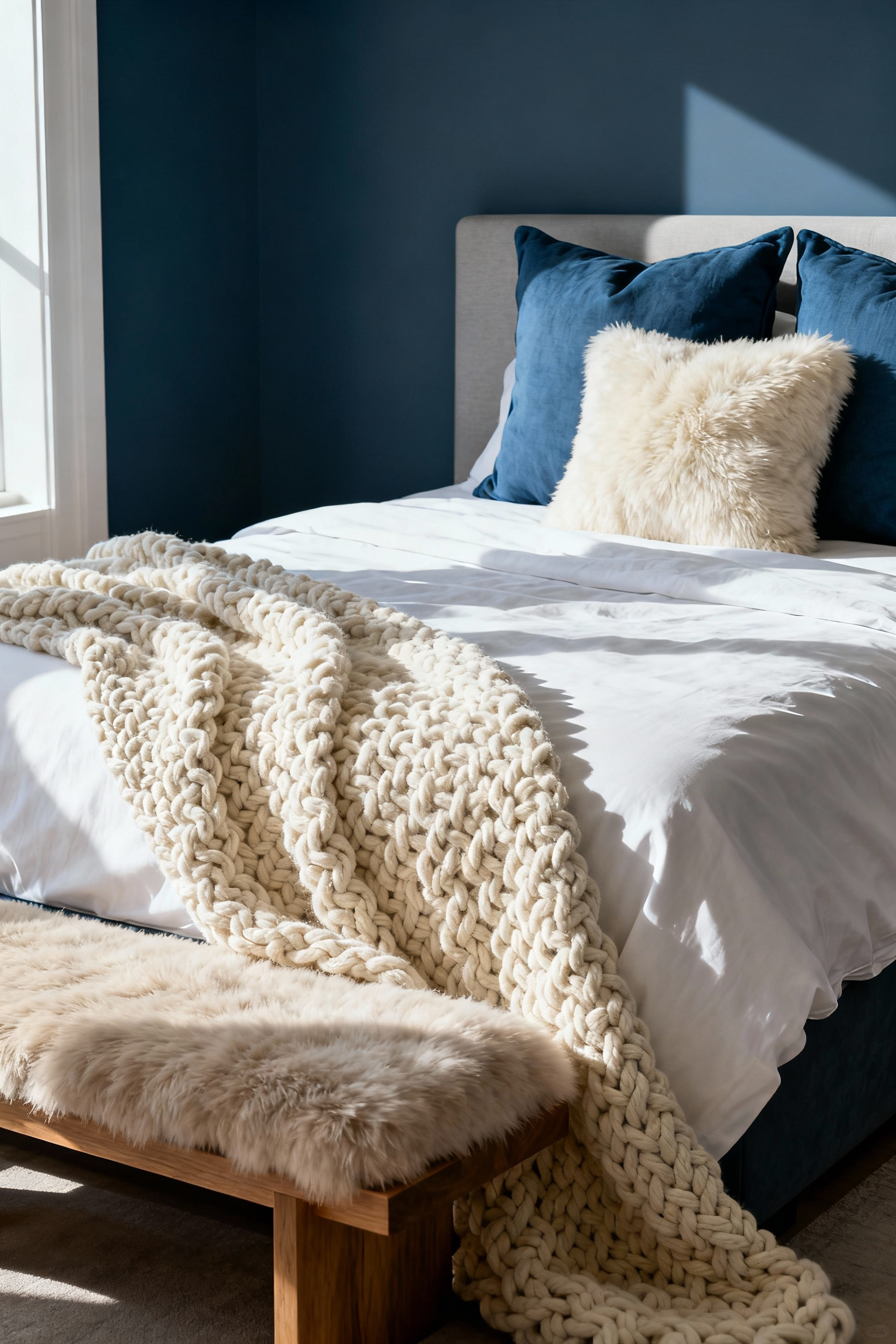 Contemporary blue bedroom showcasing layered neutral textures, including a cream bouclé throw blanket and ivory shearling pillows, providing tactile depth against the cool blue tones.