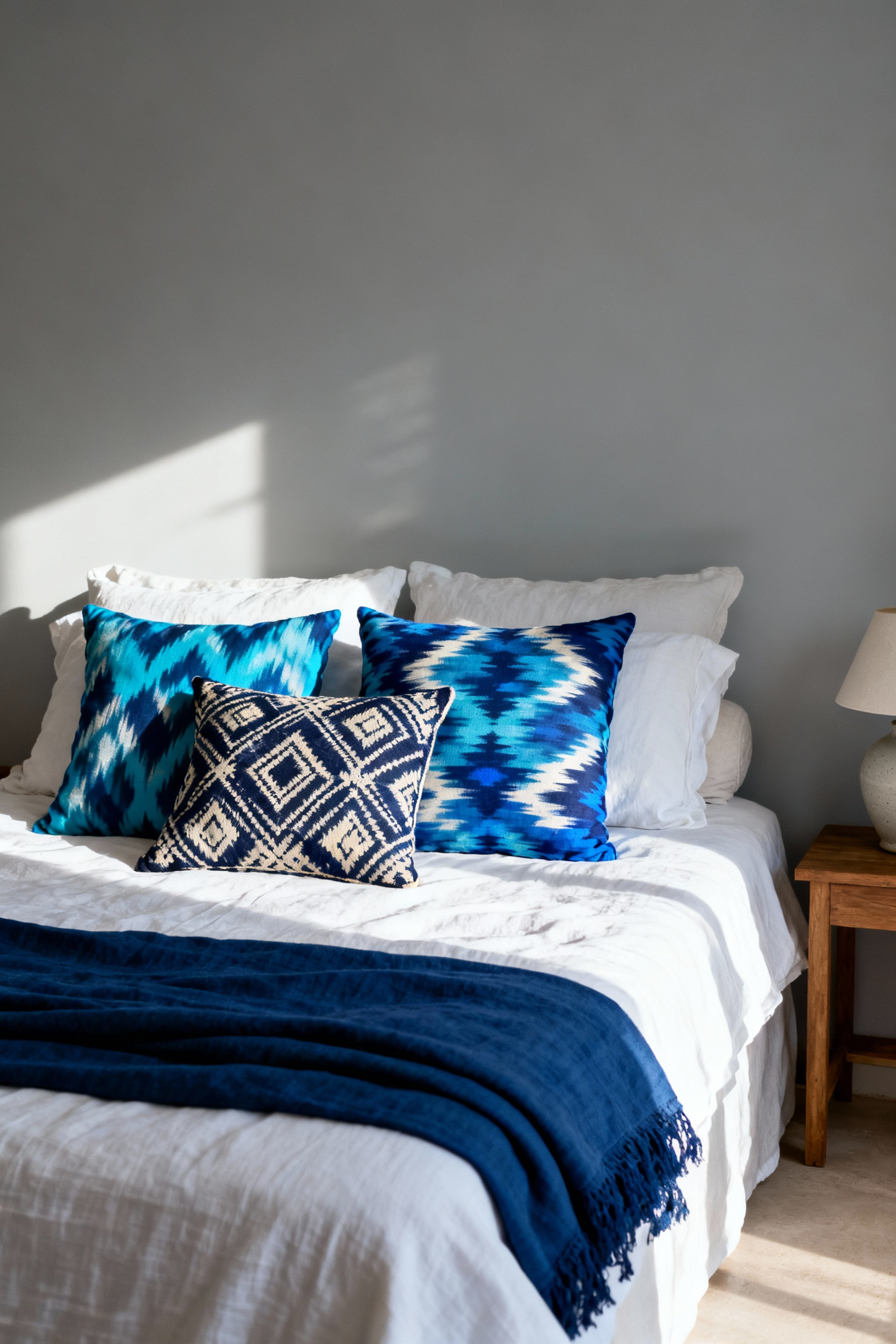 A serene blue bedroom featuring a bed dressed in indigo linen, accented by handcrafted Ikat and Batik throw pillows, illustrating how global textiles add depth and history to a design.