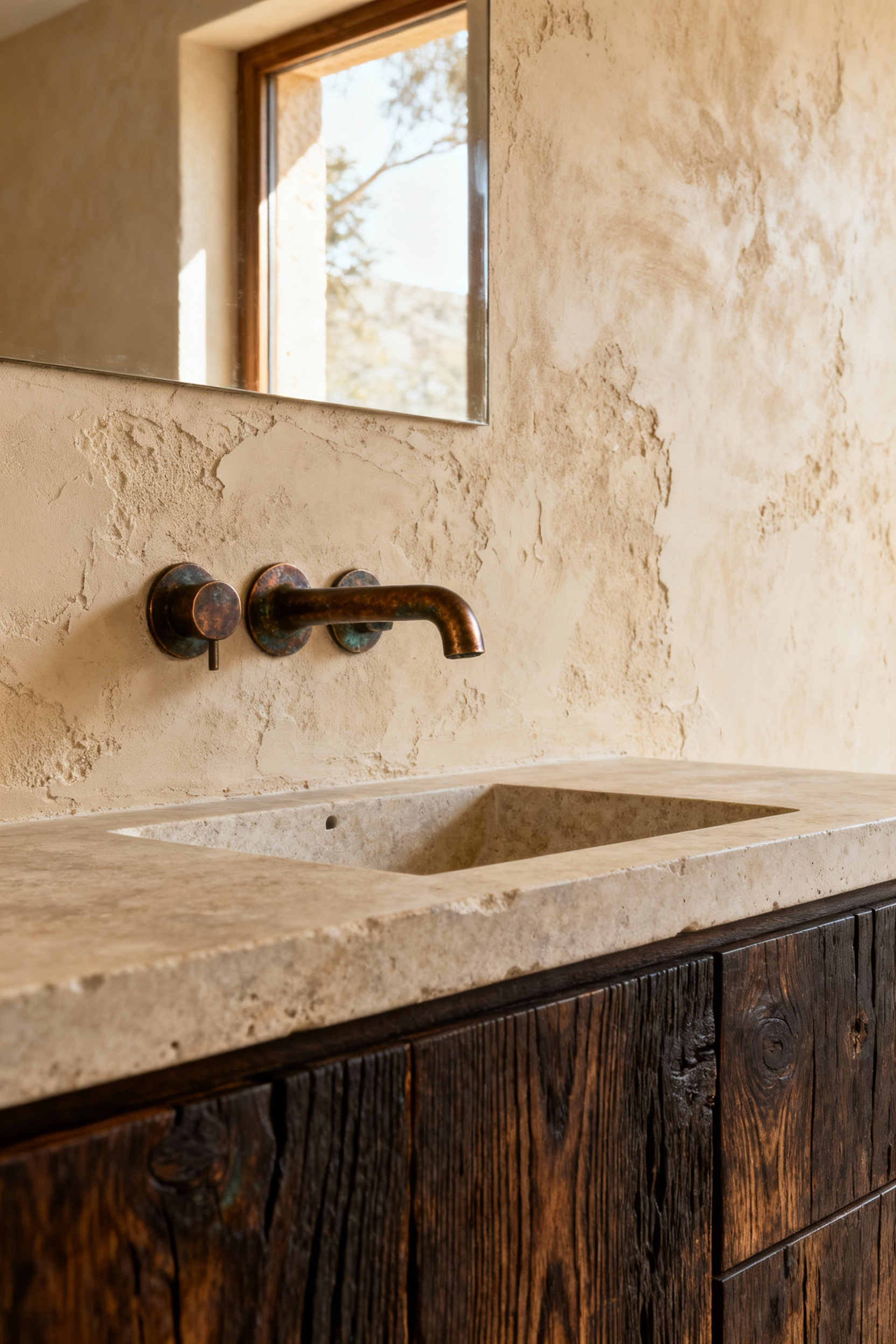 Bathroom vanity featuring an unlacquered brass faucet with a rich, dark patina set against a textured plaster wall and reclaimed wood, illustrating the visual warmth of evolving, organic metal finishes.