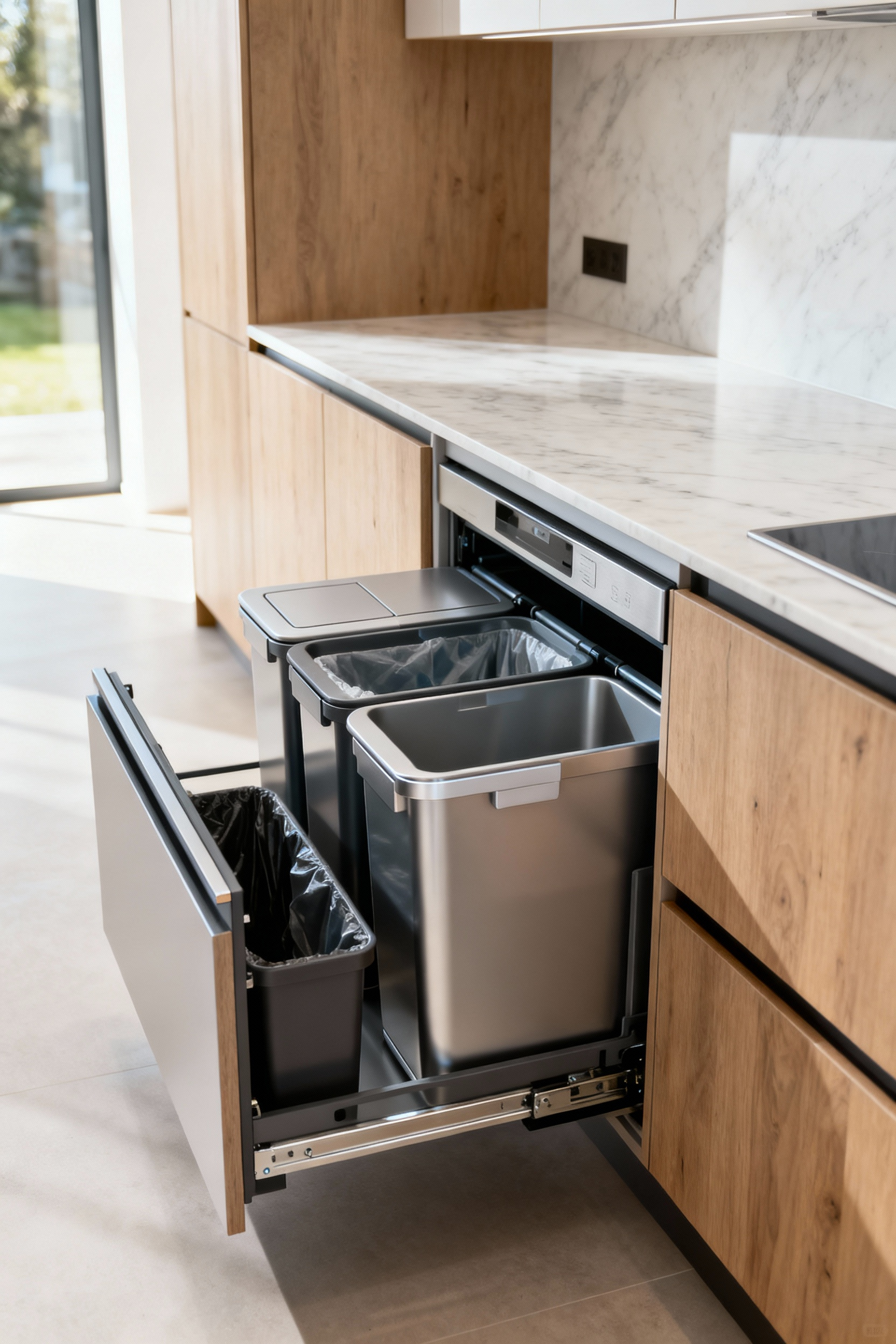 Image of a sleek kitchen with a cabinet open, revealing built-in, multi-stream waste and recycling bins for organized and hidden disposal.