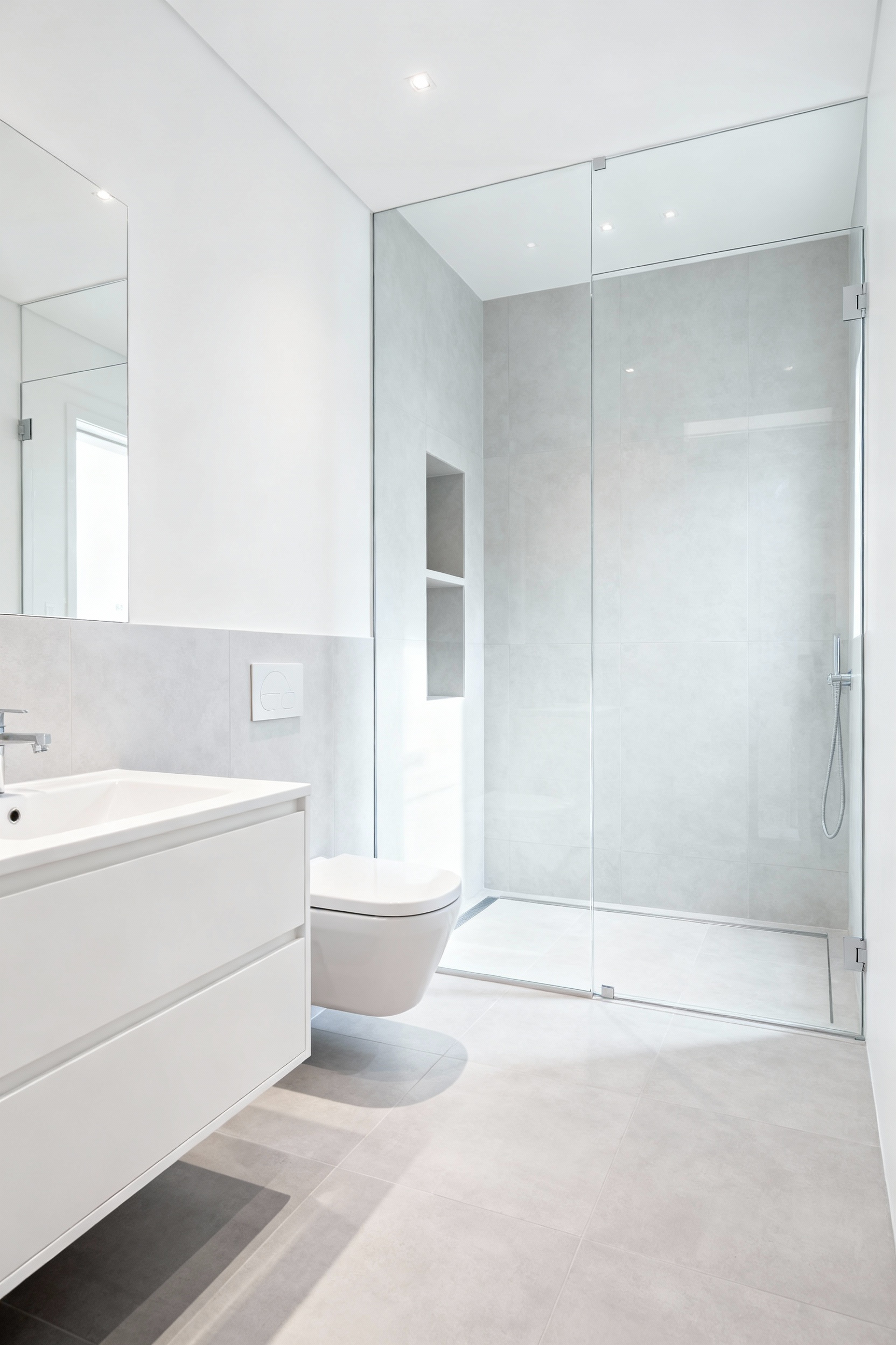 Minimalist bathroom with clear sightlines, featuring a floating vanity, wall-mounted toilet, frameless glass shower, and large-format light-toned tiles on floor and walls under soft natural lighting.