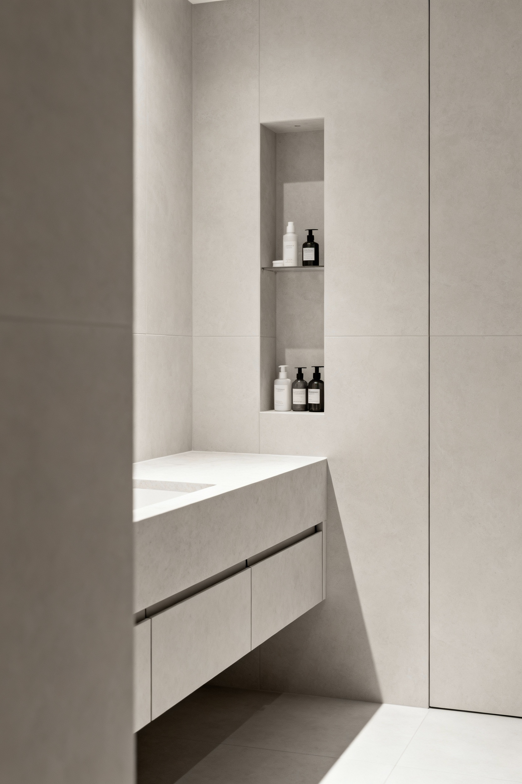 Elegant minimalist bathroom with bespoke, handle-less cabinetry and a subtle recessed niche for toiletries, demonstrating clever concealment of functional elements to maintain visual purity.