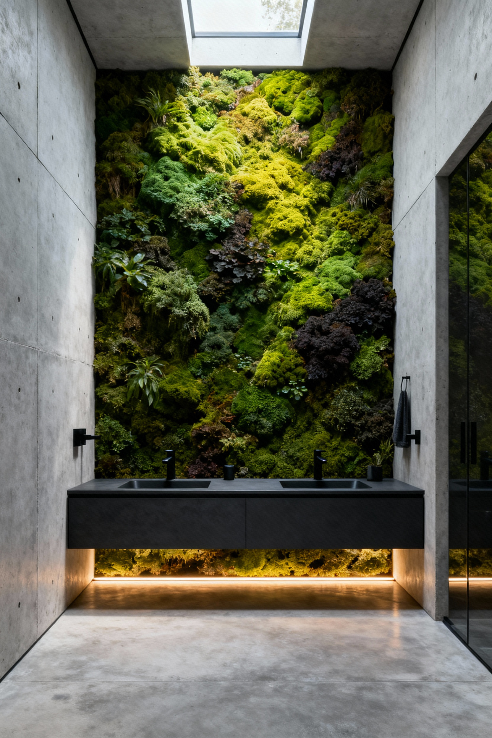 A modern gray concrete bathroom featuring a large preserved moss wall behind the floating vanity, illustrating sophisticated biophilic bathroom decor and complementary contrast.