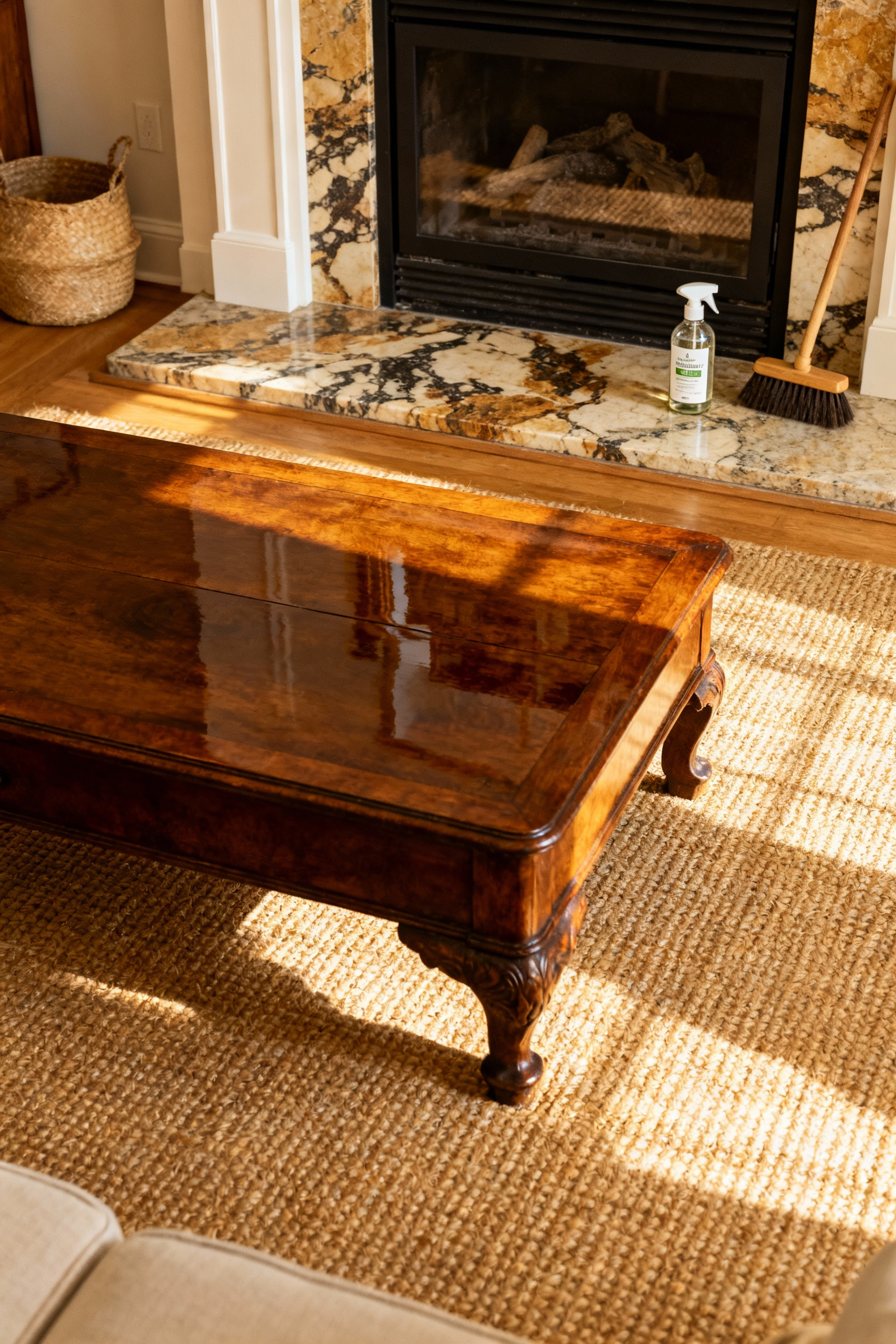 Clean and well-maintained rustic living room showing an oiled wooden coffee table, a clean woven rug, and a stone hearth with cleaning tools. Emphasizes material integrity.