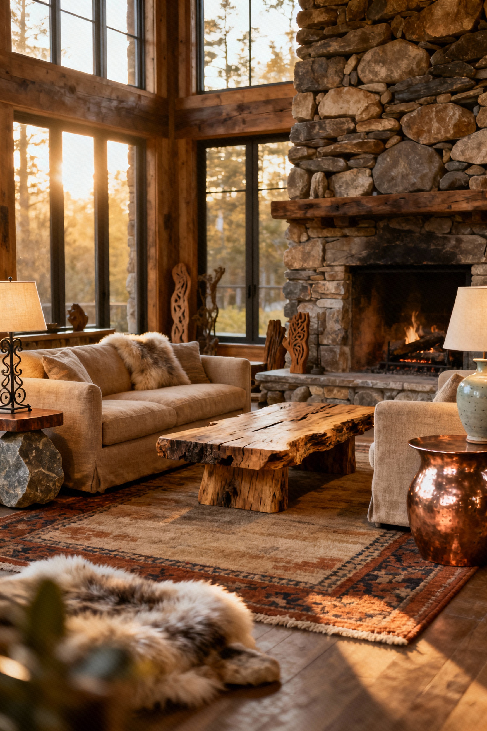 Rustic living room showing a meticulously arranged conversational zone with two natural linen sofas facing a live-edge coffee table and a stone fireplace, enhanced by wool rugs and warm lighting, creating an intimate setting.