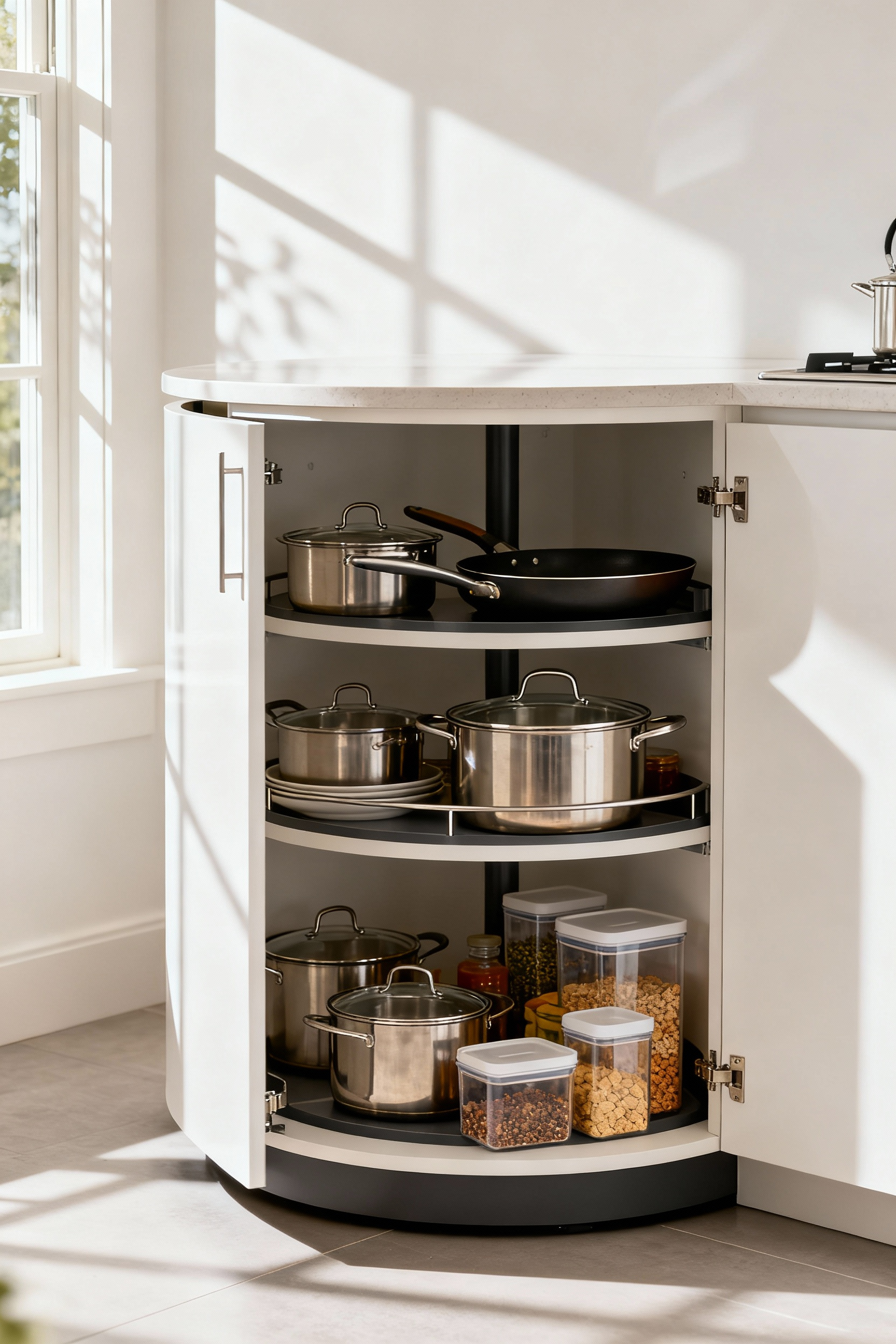 A brightly lit kitchen corner cabinet showcasing an open, two-tier D-shaped Lazy Susan with neatly organized pots, pans, and dry goods, demonstrating maximized accessible storage.