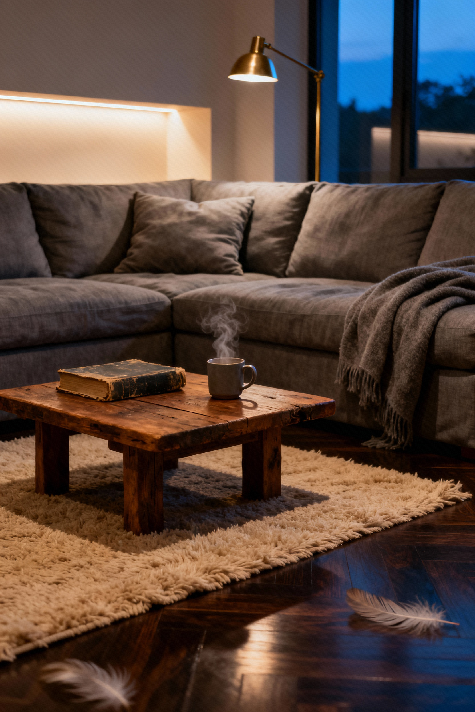 Cozy living room illuminated by warm 2700K amber lighting that creates a golden hour effect, featuring a deep sofa, textured rug, and soft shadows.