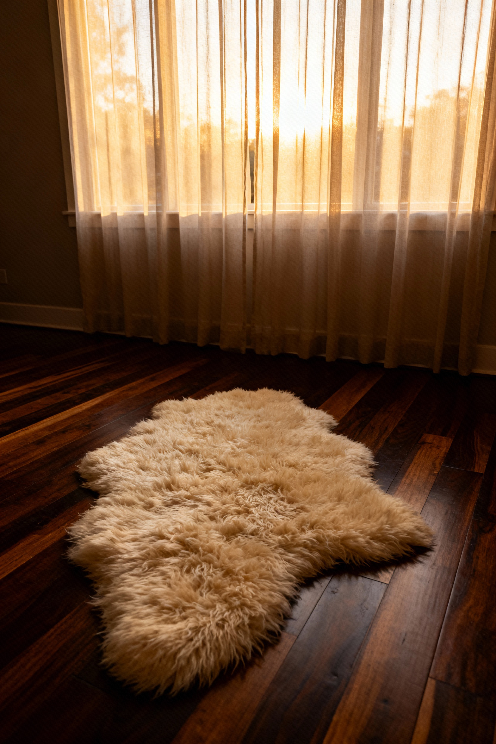 A photograph showing a cozy living room with wide-plank dark walnut hardwood floors covered partially by a thick, cream-colored plush wool rug, emphasizing the foundational elements of a tranquil space.