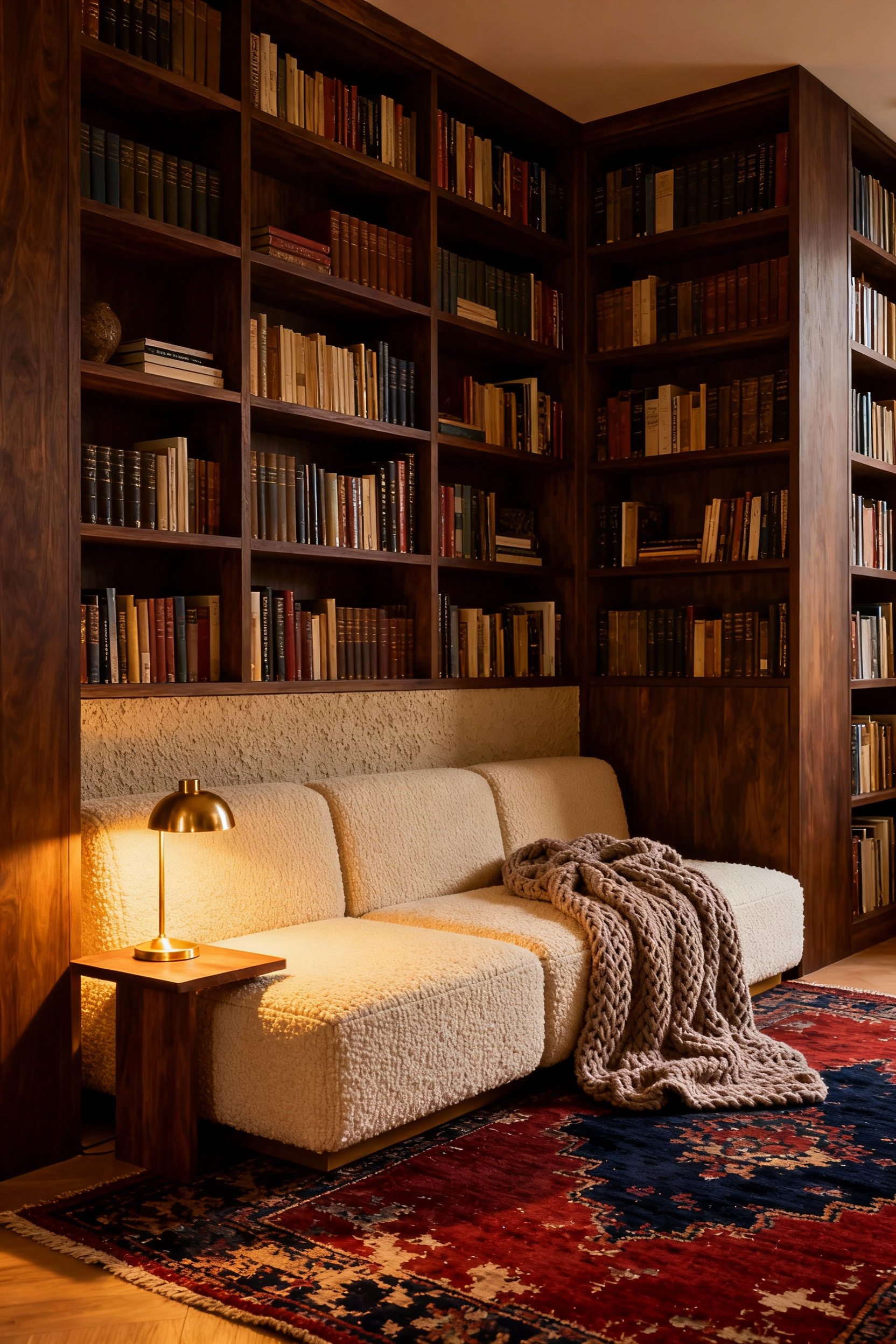 A warm, intimate living room nook featuring built-in dark wood bookshelves and a cream sofa, designed to create a protected sense of refuge and psychological enclosure.