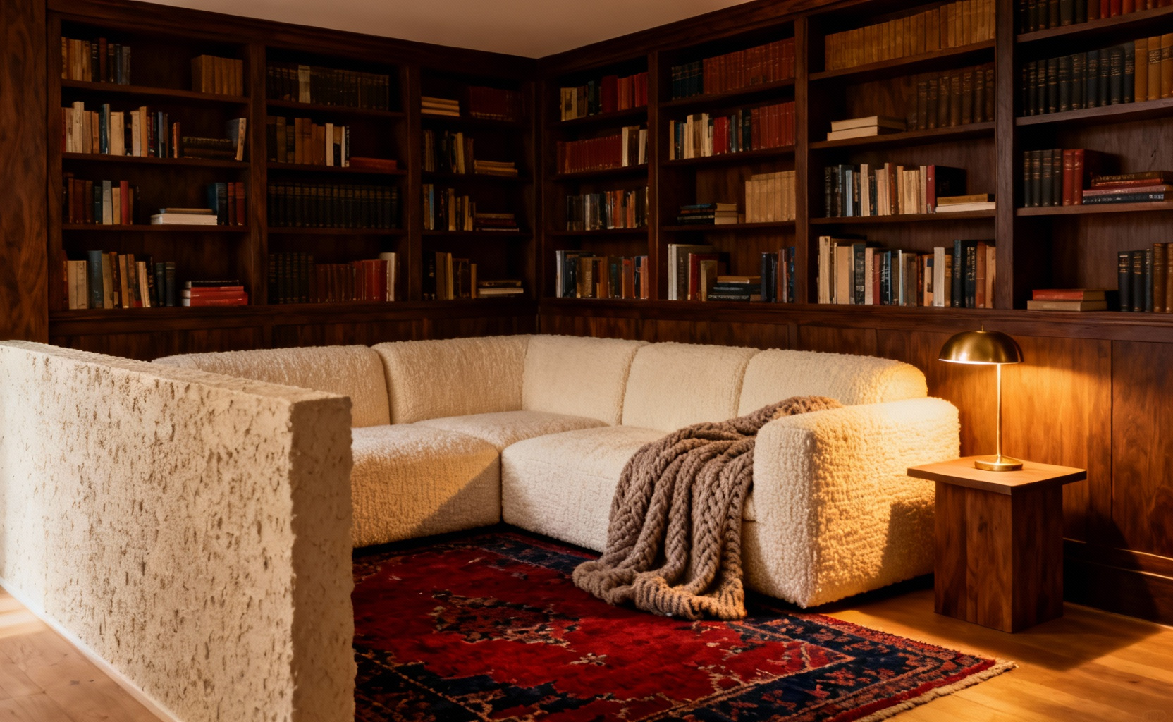 A warm, intimate living room nook featuring built-in dark wood bookshelves and a cream sofa, designed to create a protected sense of refuge and psychological enclosure.