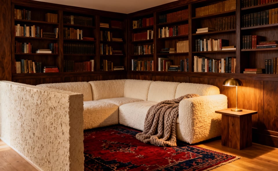 A warm, intimate living room nook featuring built-in dark wood bookshelves and a cream sofa, designed to create a protected sense of refuge and psychological enclosure.