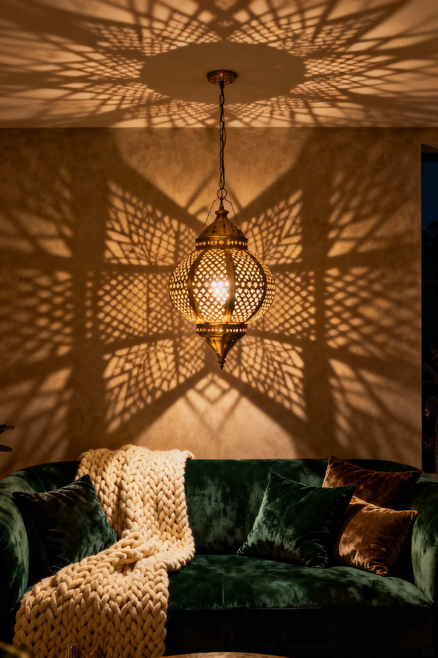 Cozy living room illuminated by the intense patterned shadows cast by a perforated brass lantern creating a mysterious, dramatic ambiance on the wall.