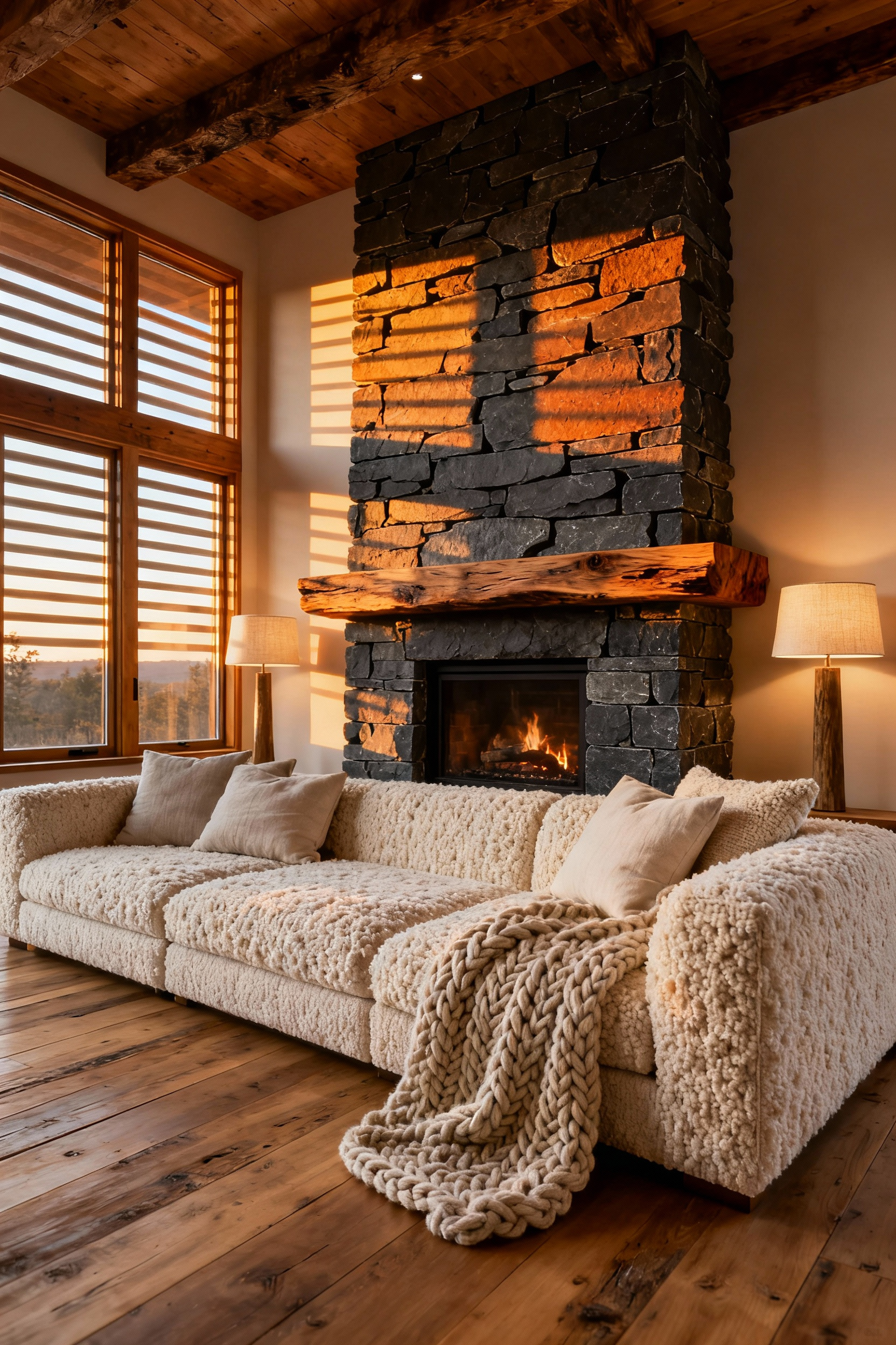 A cozy living room featuring a massive unpolished slate fireplace and thick raw wood mantle, demonstrating biophilic design principles through natural materials and warm, diffused lighting.