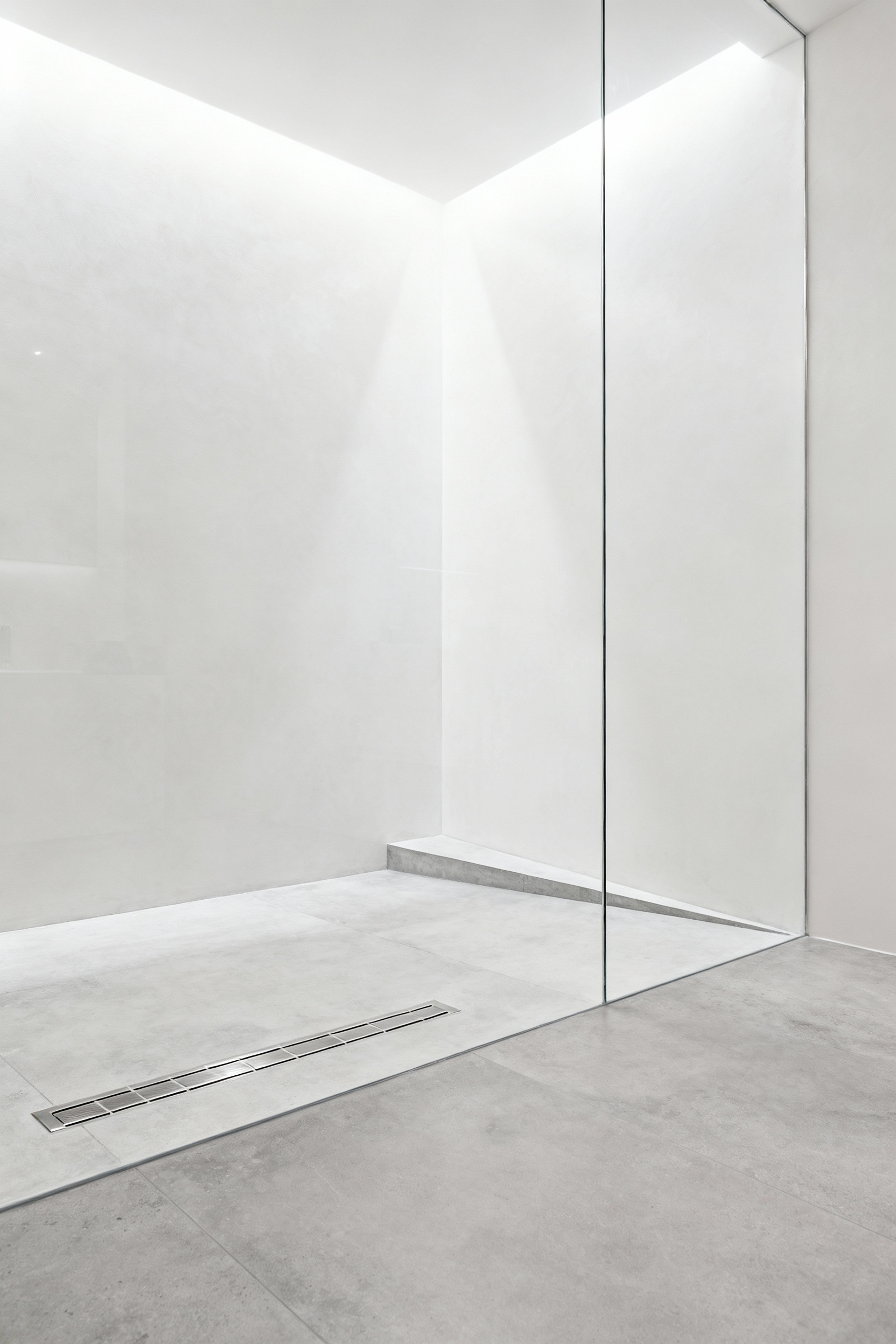 A wide architectural photo of a modern curbless walk-in shower featuring large-format gray porcelain floor slabs that extend seamlessly across the entire bathroom floor and into the shower base, highlighting the barrier-free design enabled by a linear drain.