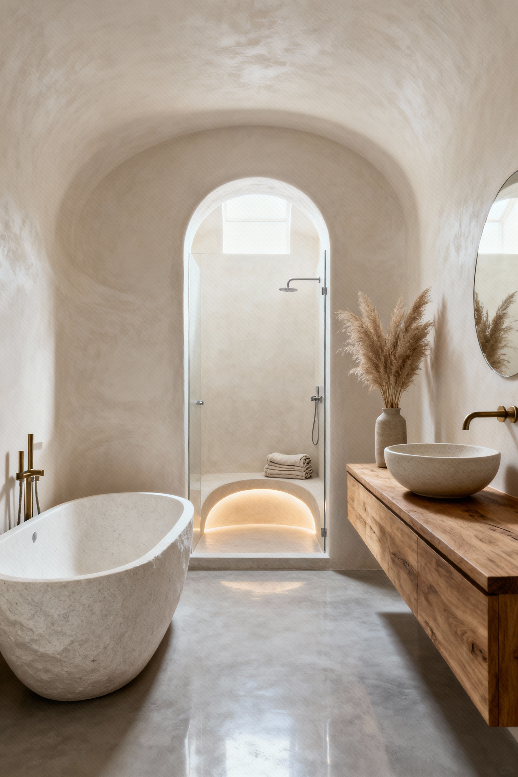 A serene, modern organic bathroom featuring curvilinear architecture, including a large arched shower entry and an oval freestanding tub, designed to replace rigid corners with soft, fluid lines.
