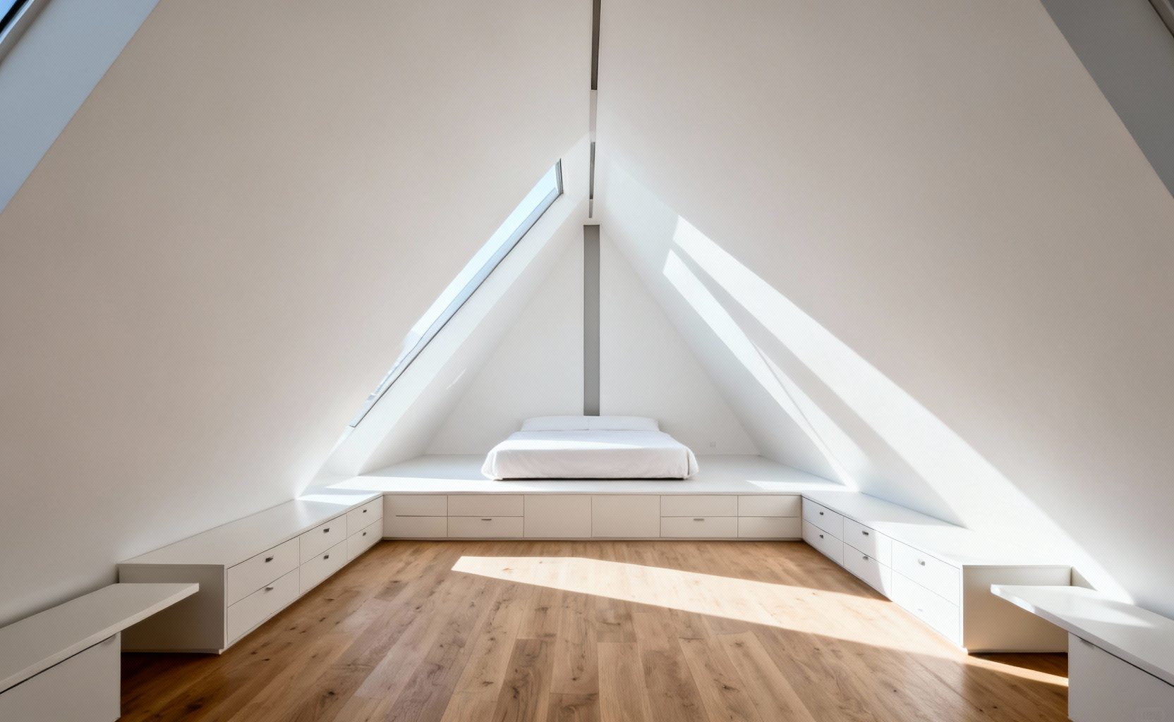 A modern attic bedroom conversion demonstrating a narrow central livability strip due to steeply angled walls and the high ceiling height requirement, featuring a central bed and low custom built-ins.
