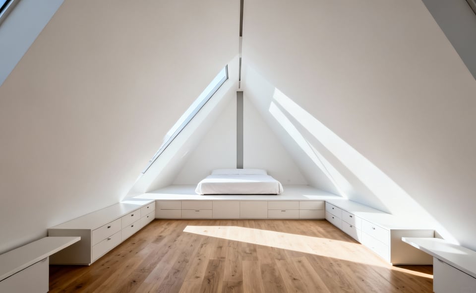 A modern attic bedroom conversion demonstrating a narrow central livability strip due to steeply angled walls and the high ceiling height requirement, featuring a central bed and low custom built-ins.