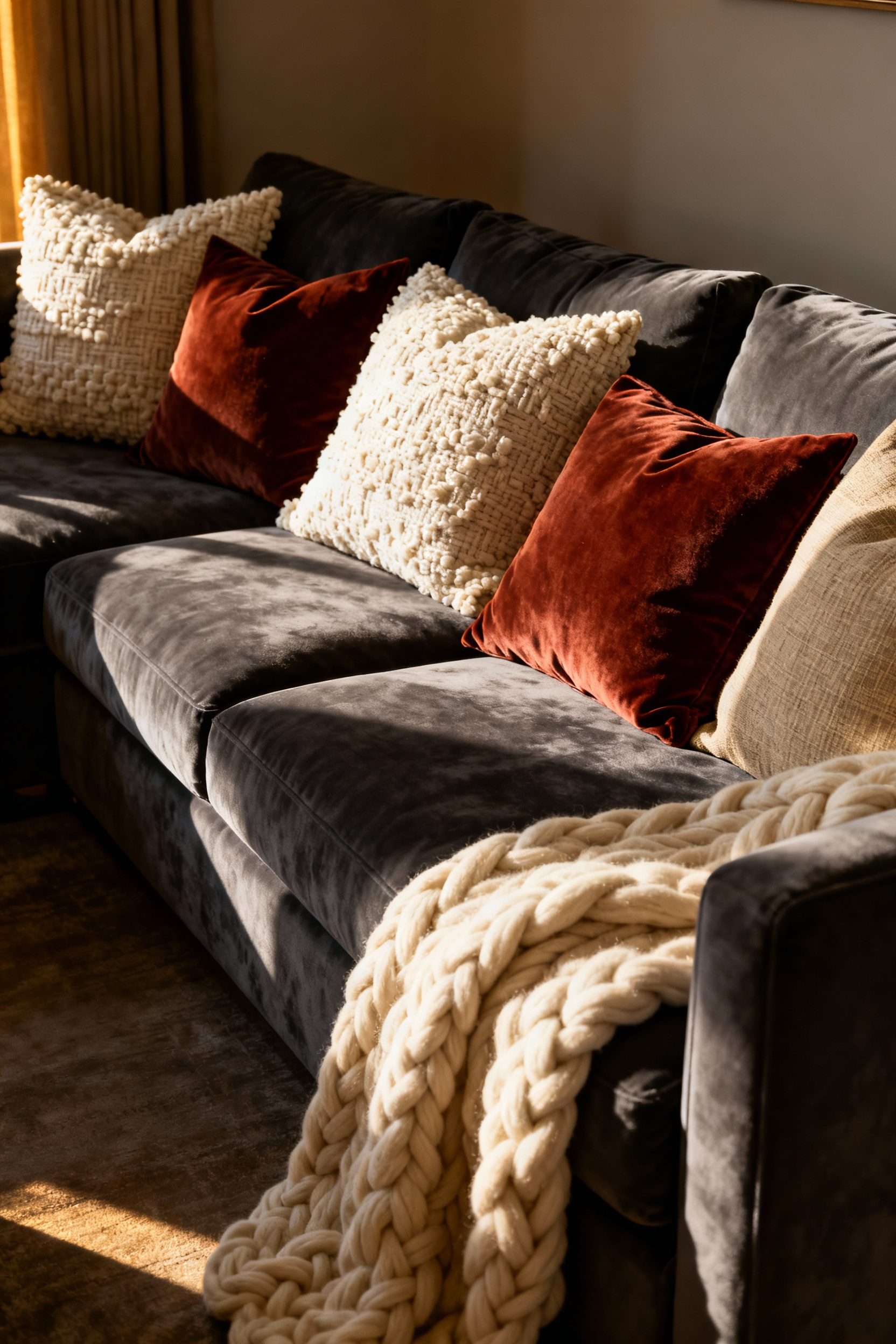 A detailed photograph of a cozy living room sofa featuring luxurious plump and overstuffed throw pillows demonstrating high internal density and superior structure.
