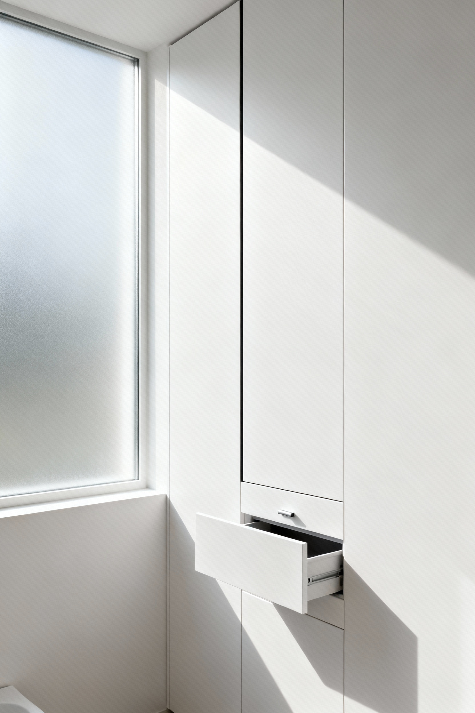 Minimalist bathroom with a hidden, flush-mounted vertical storage unit, showcasing seamless wall design and discretionary storage for aesthetic purity.
