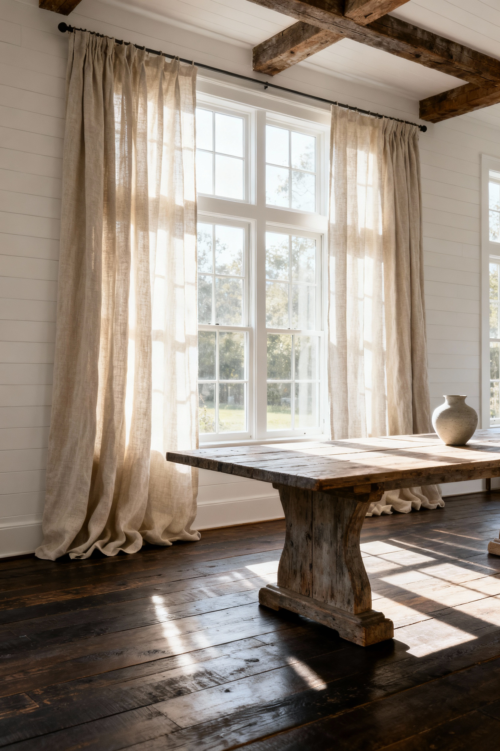 Sophisticated farmhouse dining room showcasing soft, ethereal light filtering through heavy-weight Belgian linen window treatments hung floor-to-ceiling.