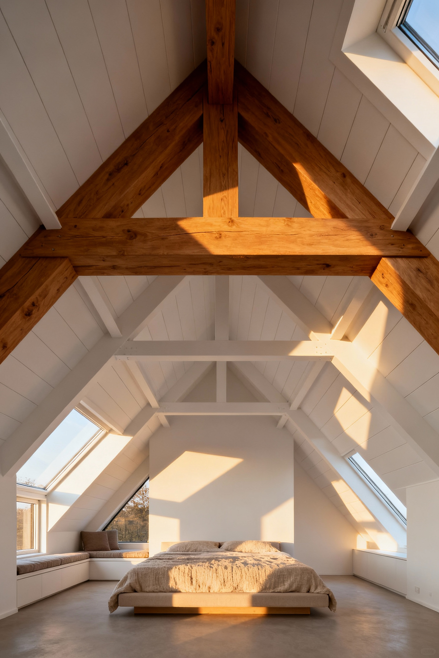 Bright attic bedroom featuring a high, multi-planed vaulted ceiling with a dominant exposed natural wood ridge beam acting as the central visual anchor and organizing element.