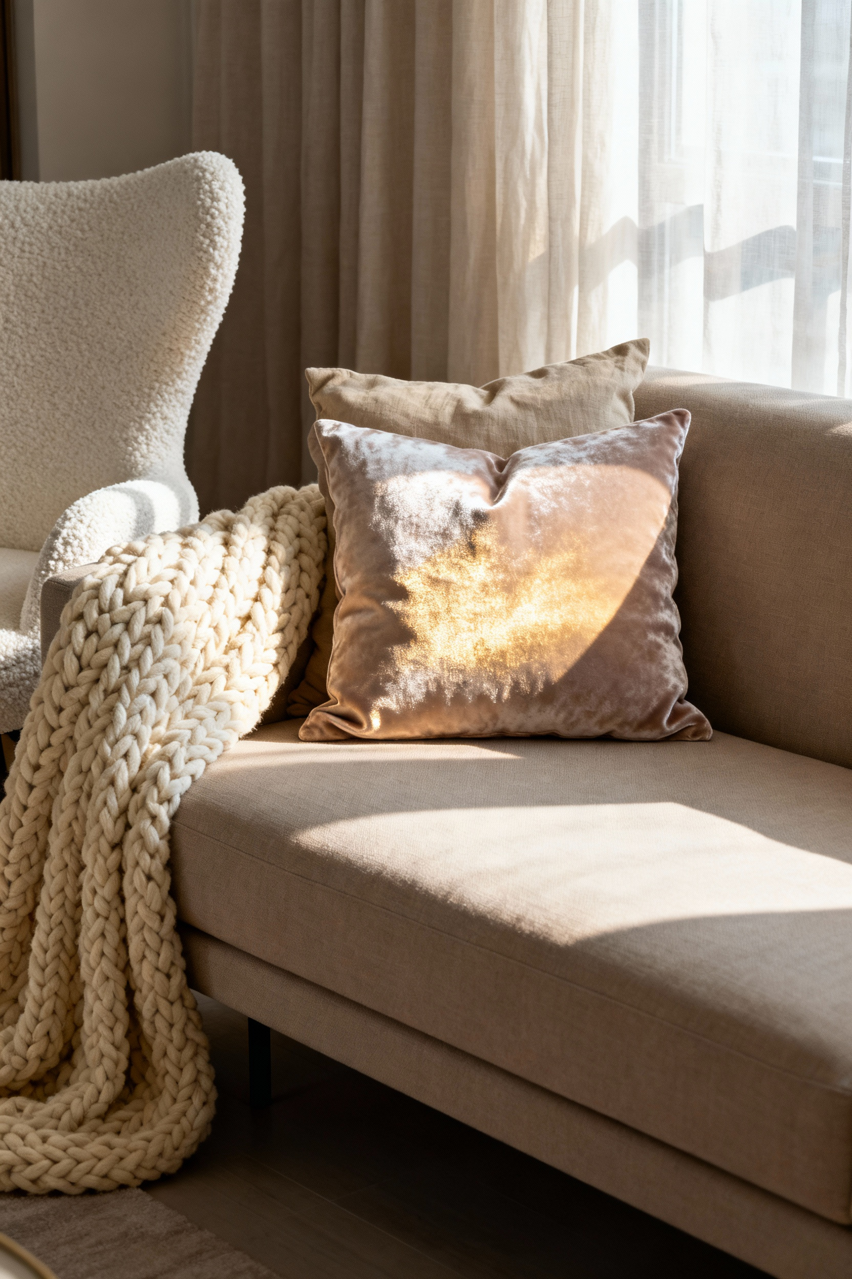 A neutral apartment living room corner showcasing layered textiles—velvet, linen, and bouclé—to create visual depth and texture variation in limited square footage.
