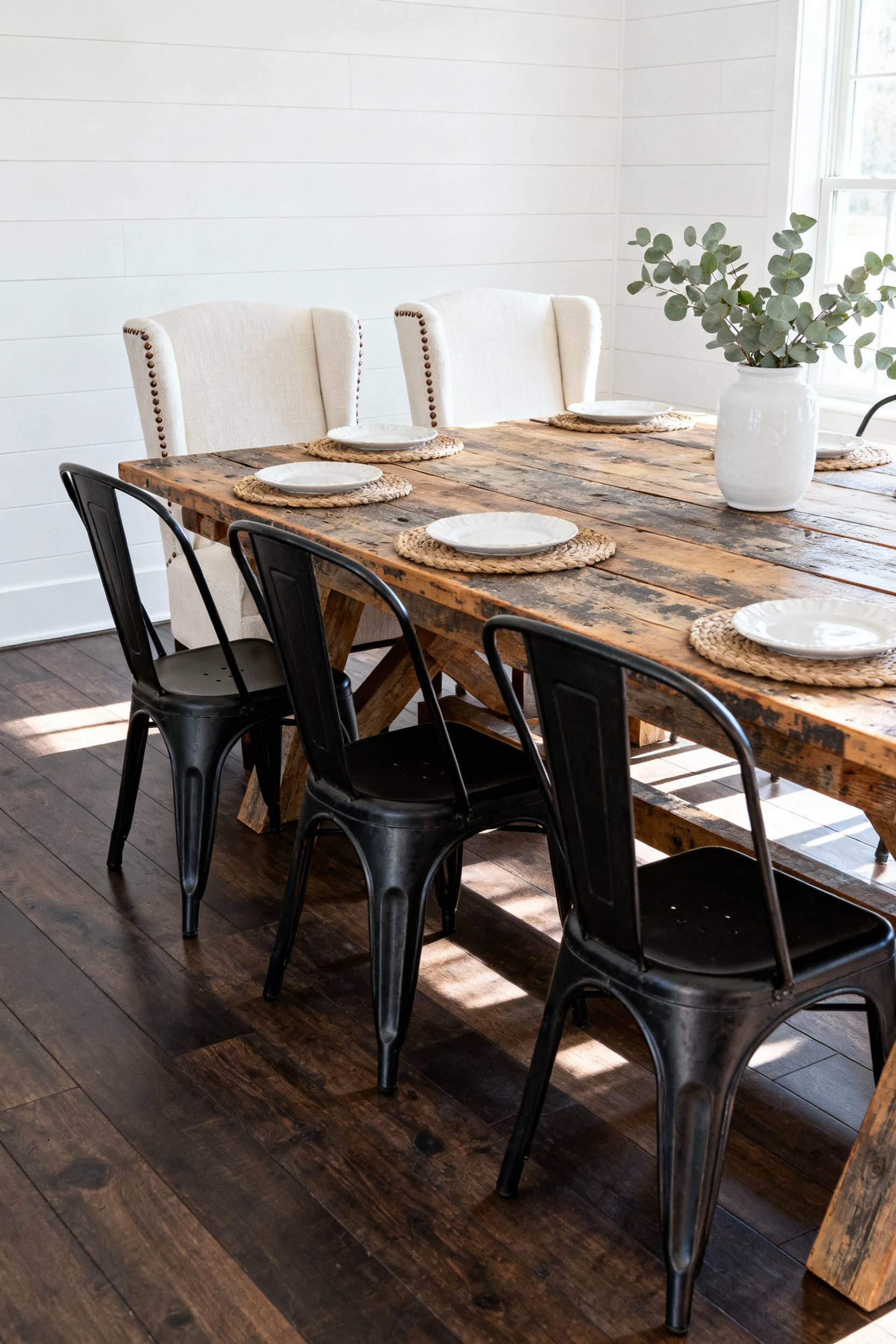 A modern farmhouse dining room featuring a long reclaimed wood table. Black industrial metal chairs line the sides, sharply contrasted by two plush cream upholstered armchairs at the ends, demonstrating the mixed seating principle.