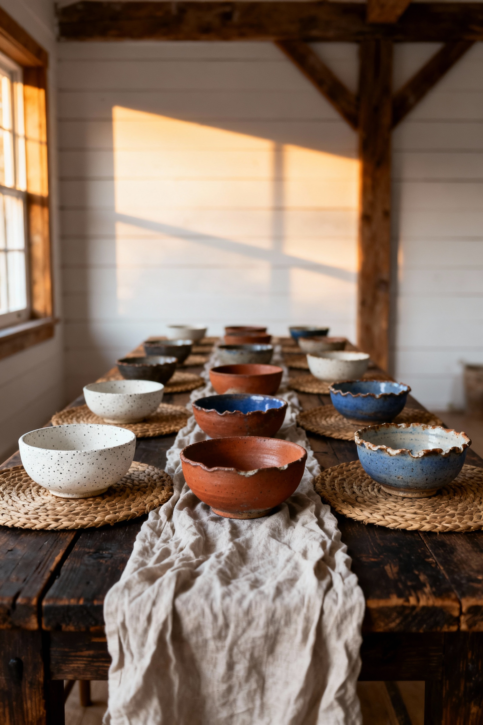A full view of a farmhouse dining room featuring a reclaimed wood table set with mismatched, hand-thrown Wabi-Sabi ceramics showcasing varied glazes and organic textures.