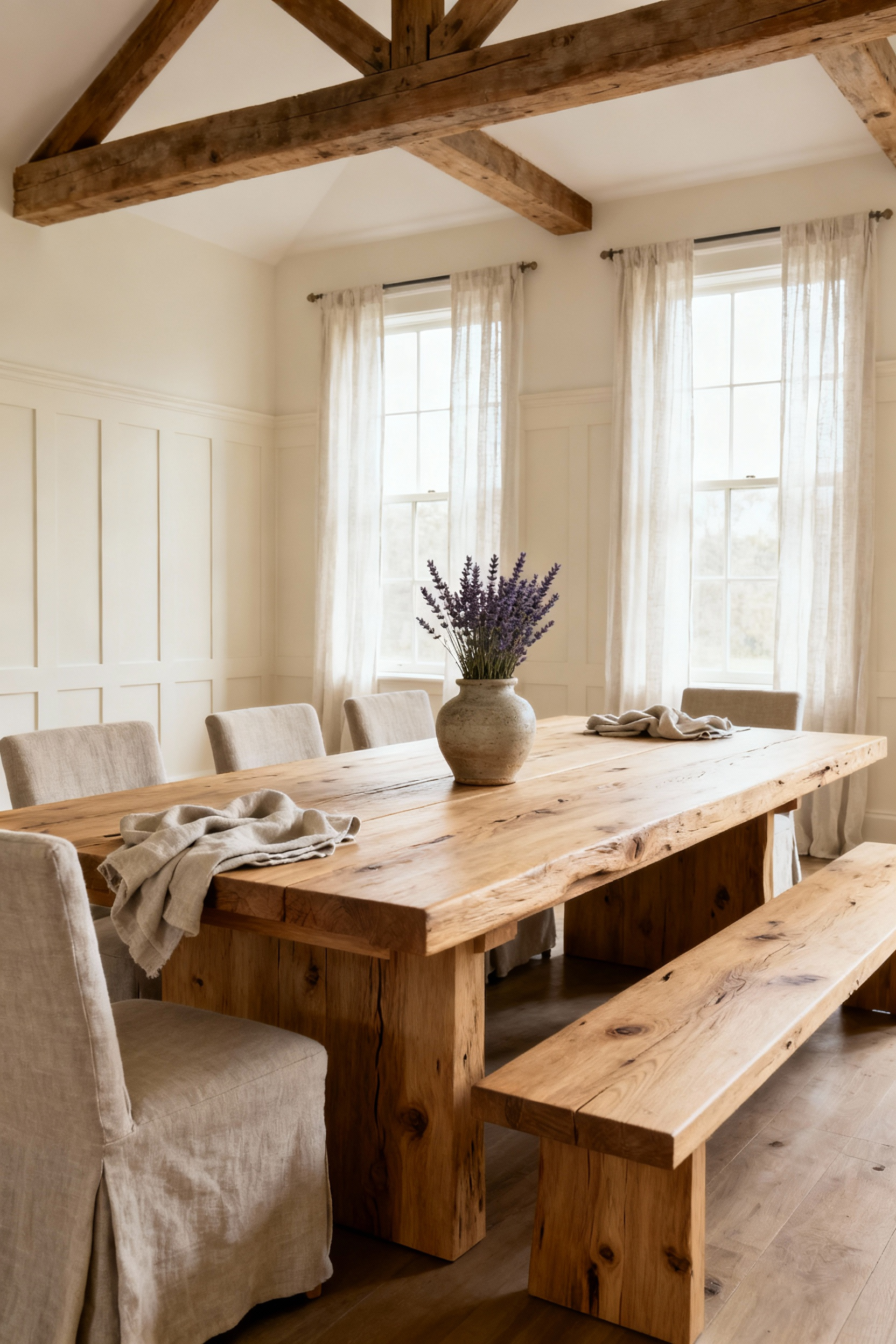 A durable farmhouse dining table made of open-grained white oak, displaying rich texture and longevity, situated in a brightly lit farmhouse dining room with linen chairs.