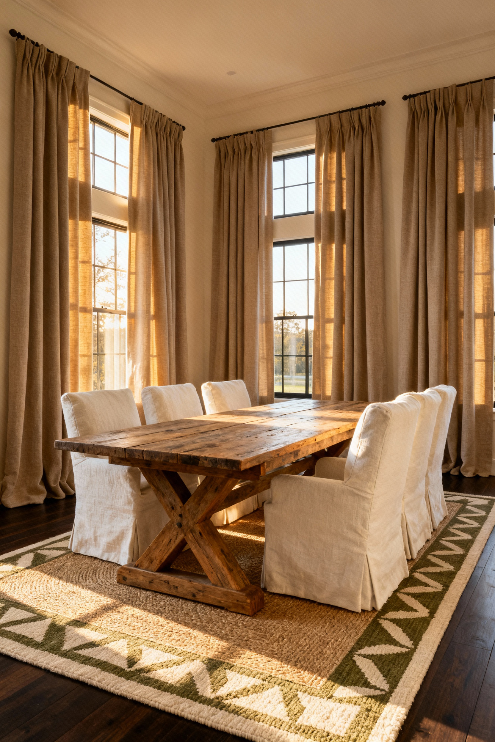 A modern farmhouse dining room featuring heavy, layered textiles—thick linen drapes and layered wool rugs—designed for superior acoustic dampening and comfort over the popular sheer aesthetic.