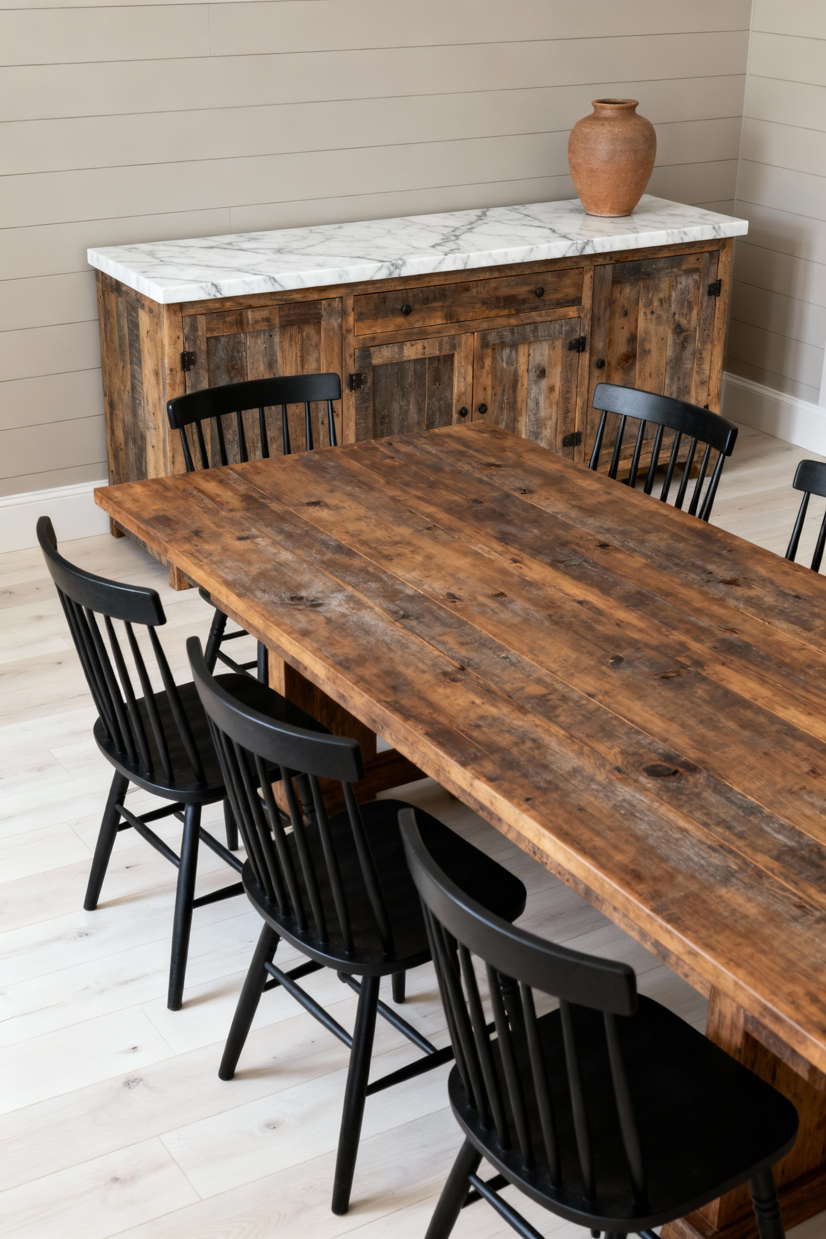 A wide shot of a sophisticated farmhouse dining room featuring a dark wood dining table and chairs, contrasted effectively by a low buffet cabinet topped with a thick slab of light Carrara marble.