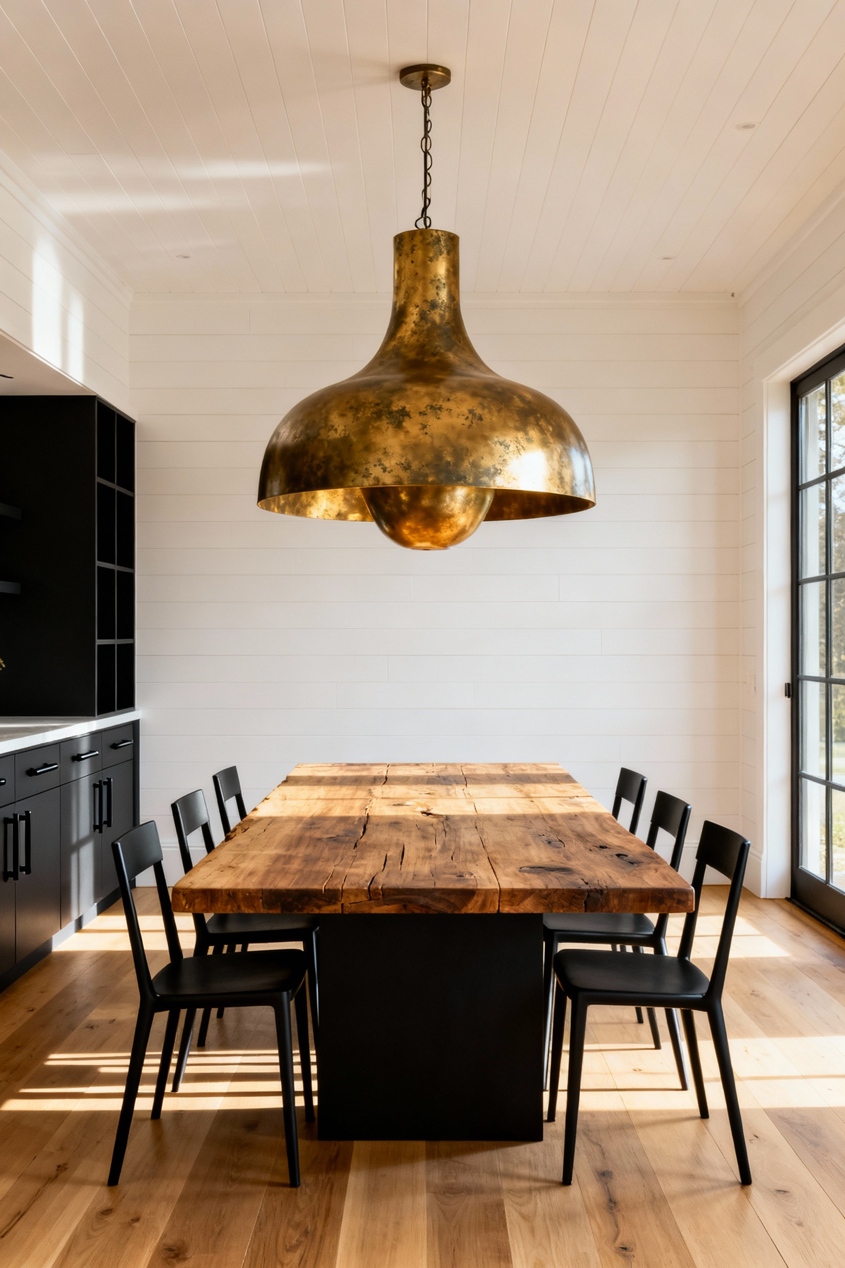 A bright farmhouse dining room showcasing a large reclaimed wood table, illuminated by a sculptural unlacquered brass chandelier that contrasts sharply with surrounding matte black dining chairs and cabinet hardware.