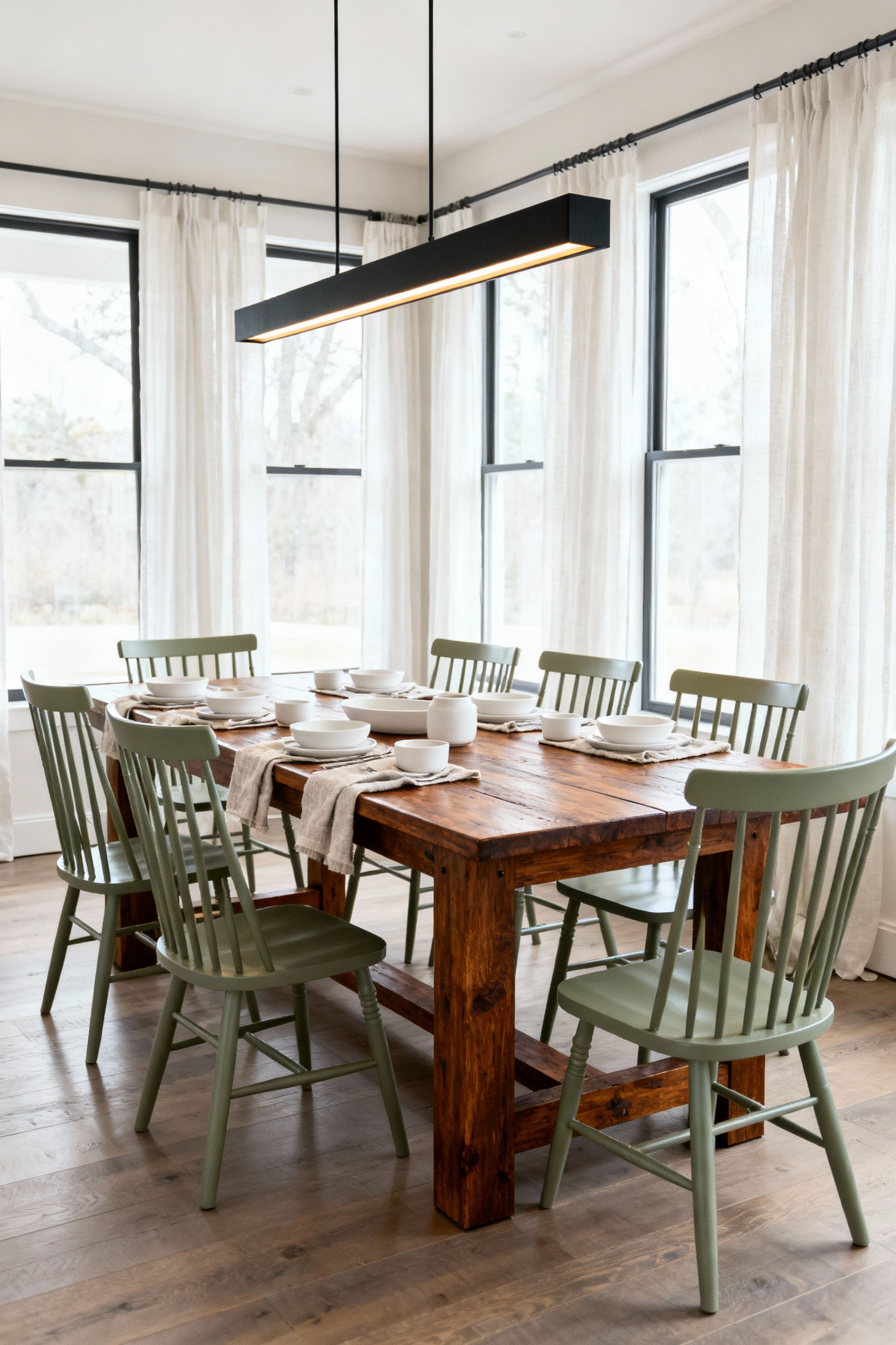 A bright, full view of a modern farmhouse dining room featuring a sturdy, functional wood table, painted spindle-back chairs, and abundant natural light, illustrating sophisticated farmhouse dining room decor.
