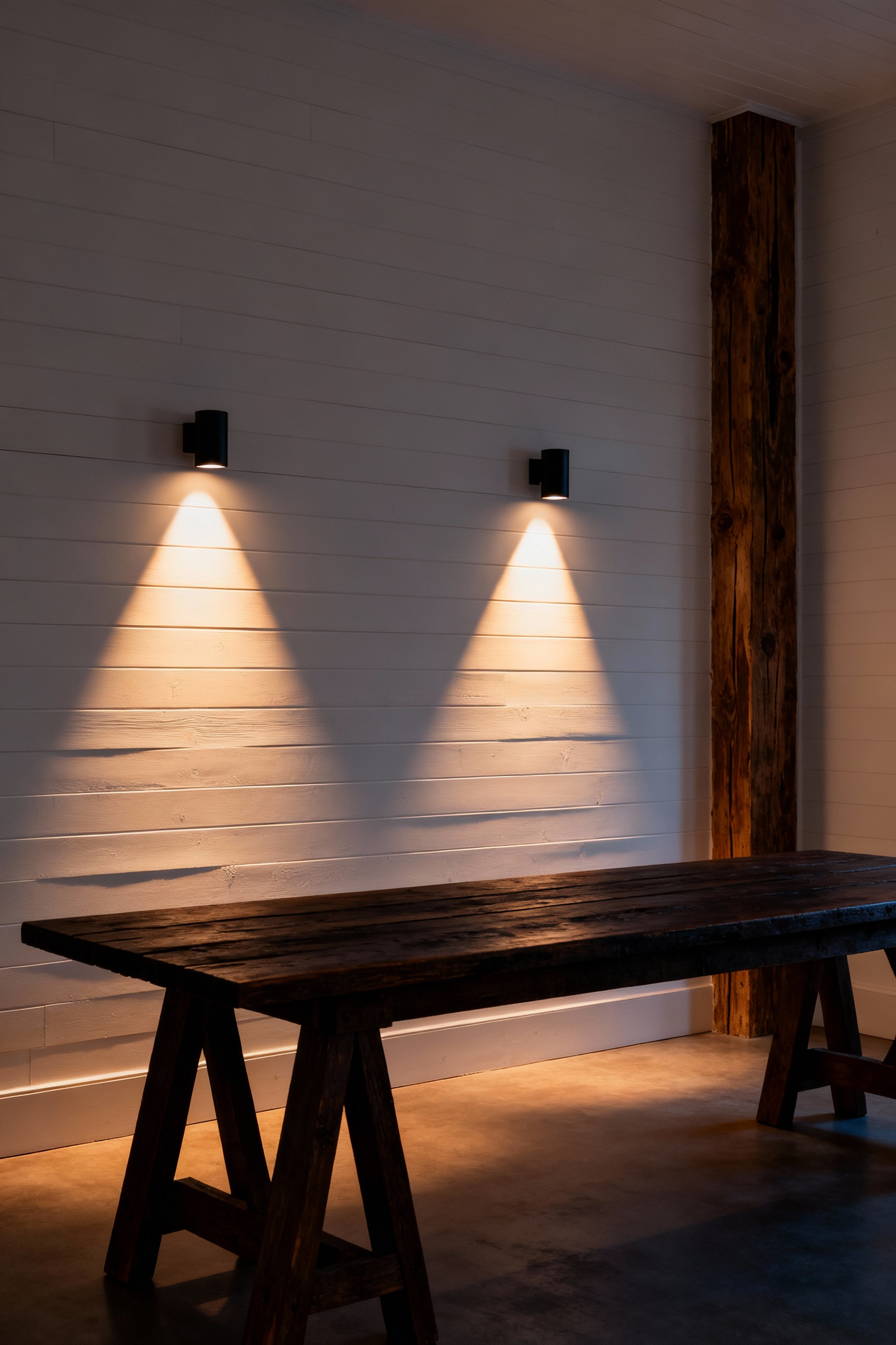 A warm, intimate farmhouse dining room illuminated exclusively by two directional sconces mounted low on a textured shiplap wall, creating dramatic shadows that emphasize the grain of the reclaimed wood table.