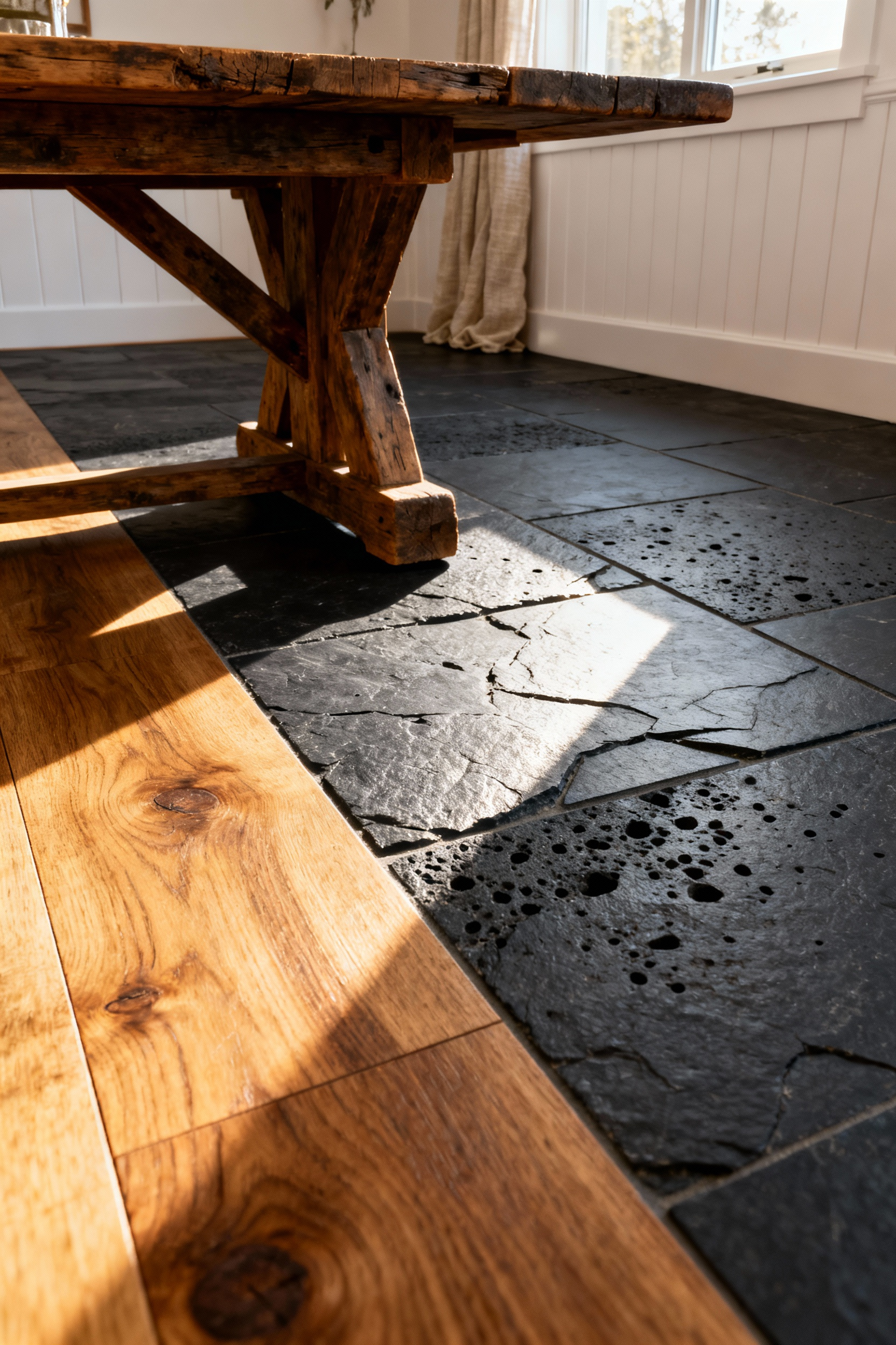 A detailed photograph of a farmhouse dining room floor showing the sharp transition between wide, warm oak planks and large, cool charcoal slate tiles, emphasizing the thermal and visual contrast of the two materials.
