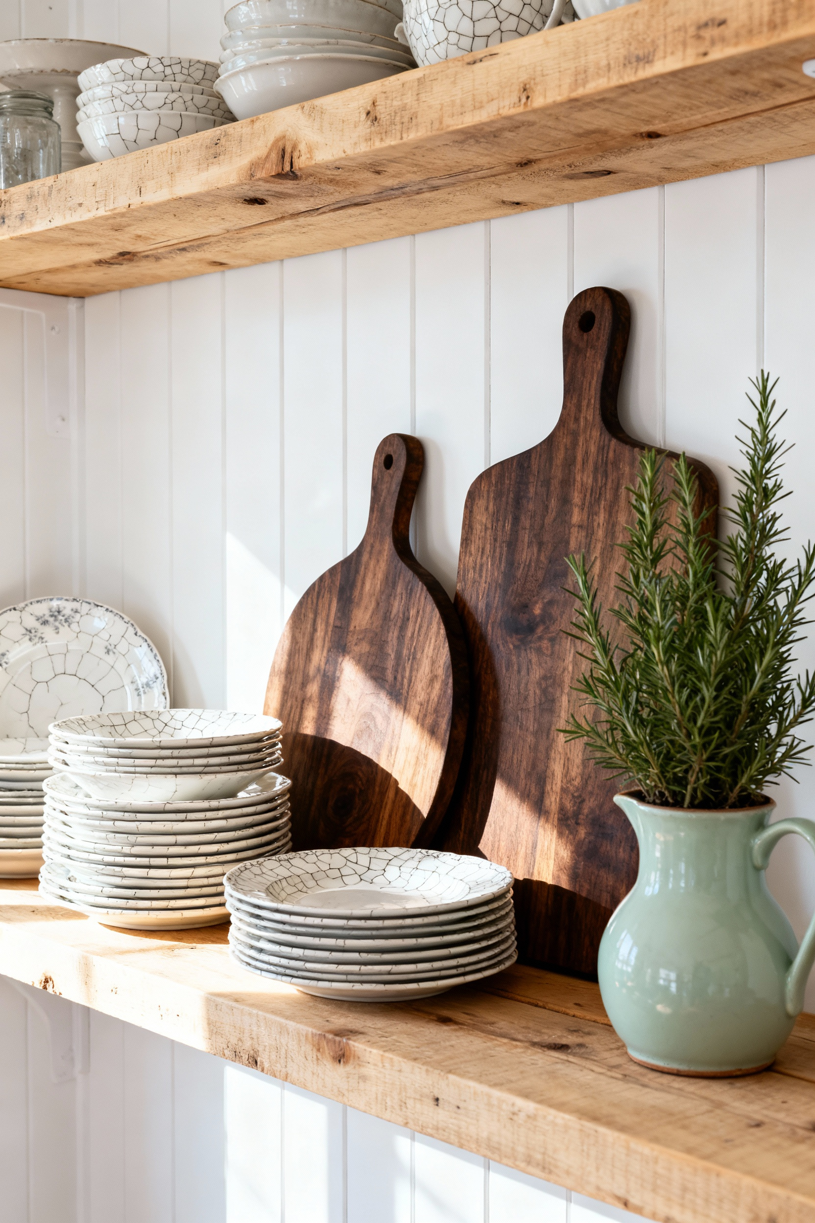 Open reclaimed wood shelving unit displaying stacked antique white ironstone plates and large dark walnut serving boards in a bright farmhouse dining room.