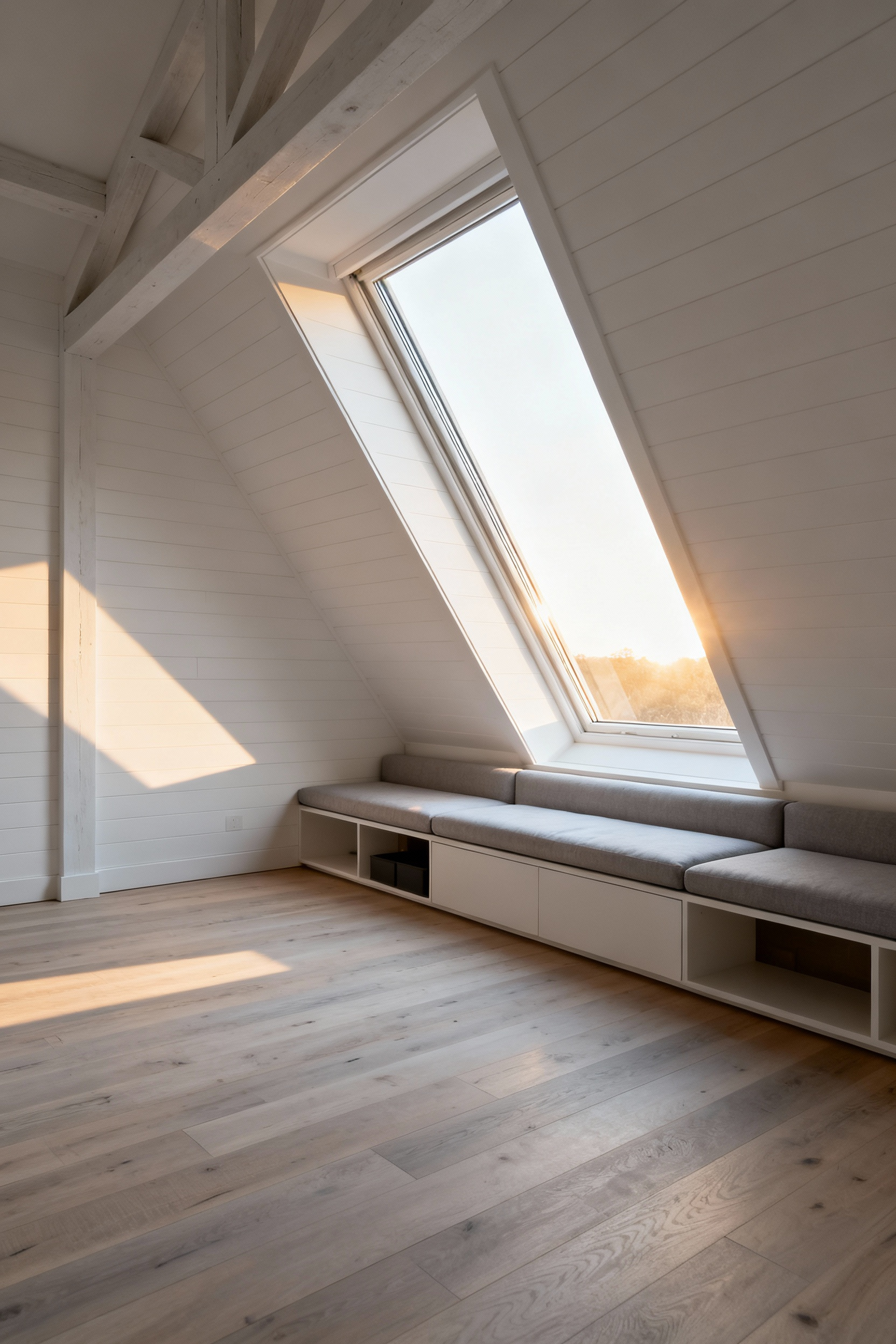 A modern attic bedroom showcasing a large flat roof dormer that dramatically increases cubic volume and headroom, featuring light wood floors and white walls.
