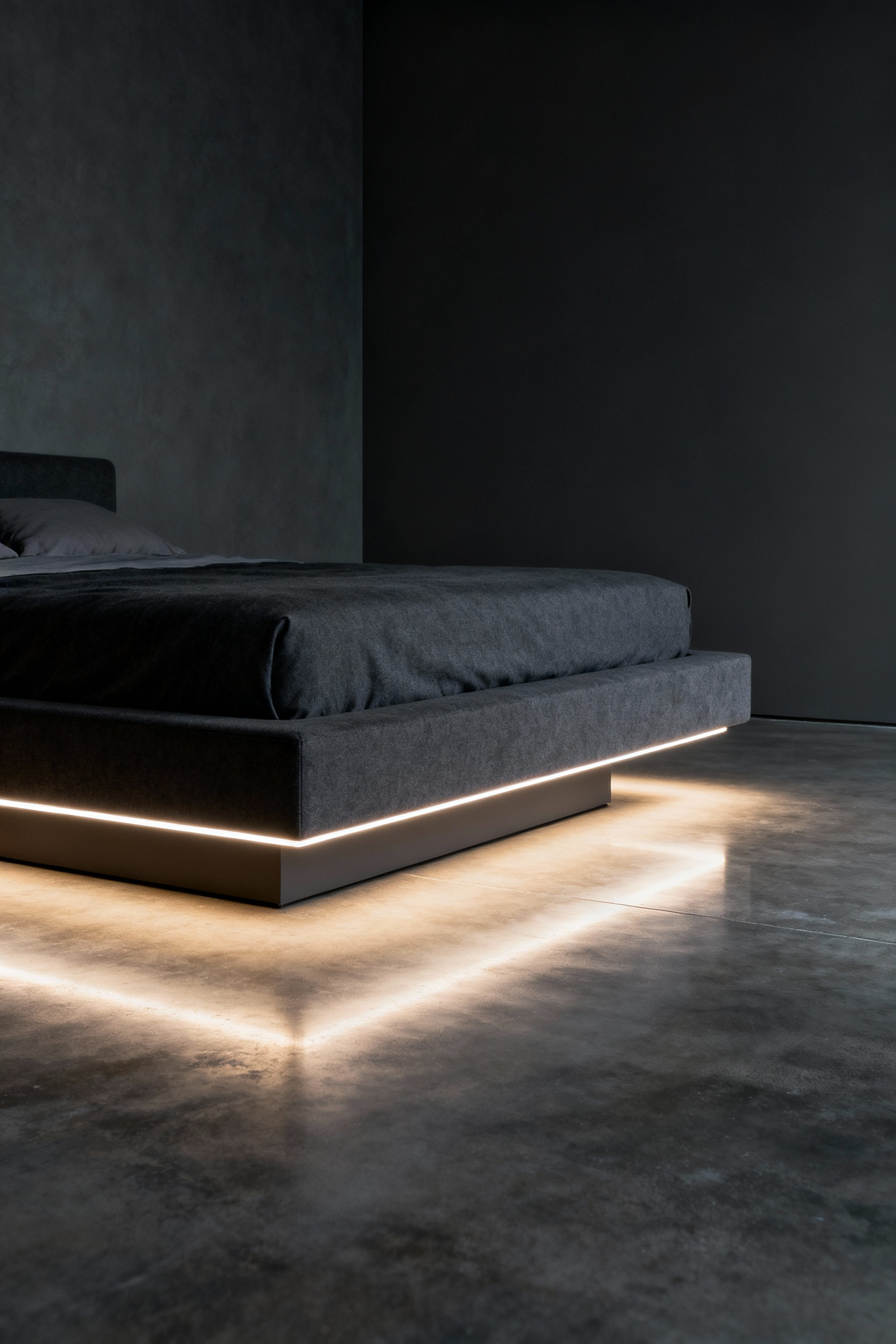 A modern platform bed in a dimly lit bedroom featuring hidden warm LED strips underneath, which illuminates the floor and creates a dramatic floating architectural effect.