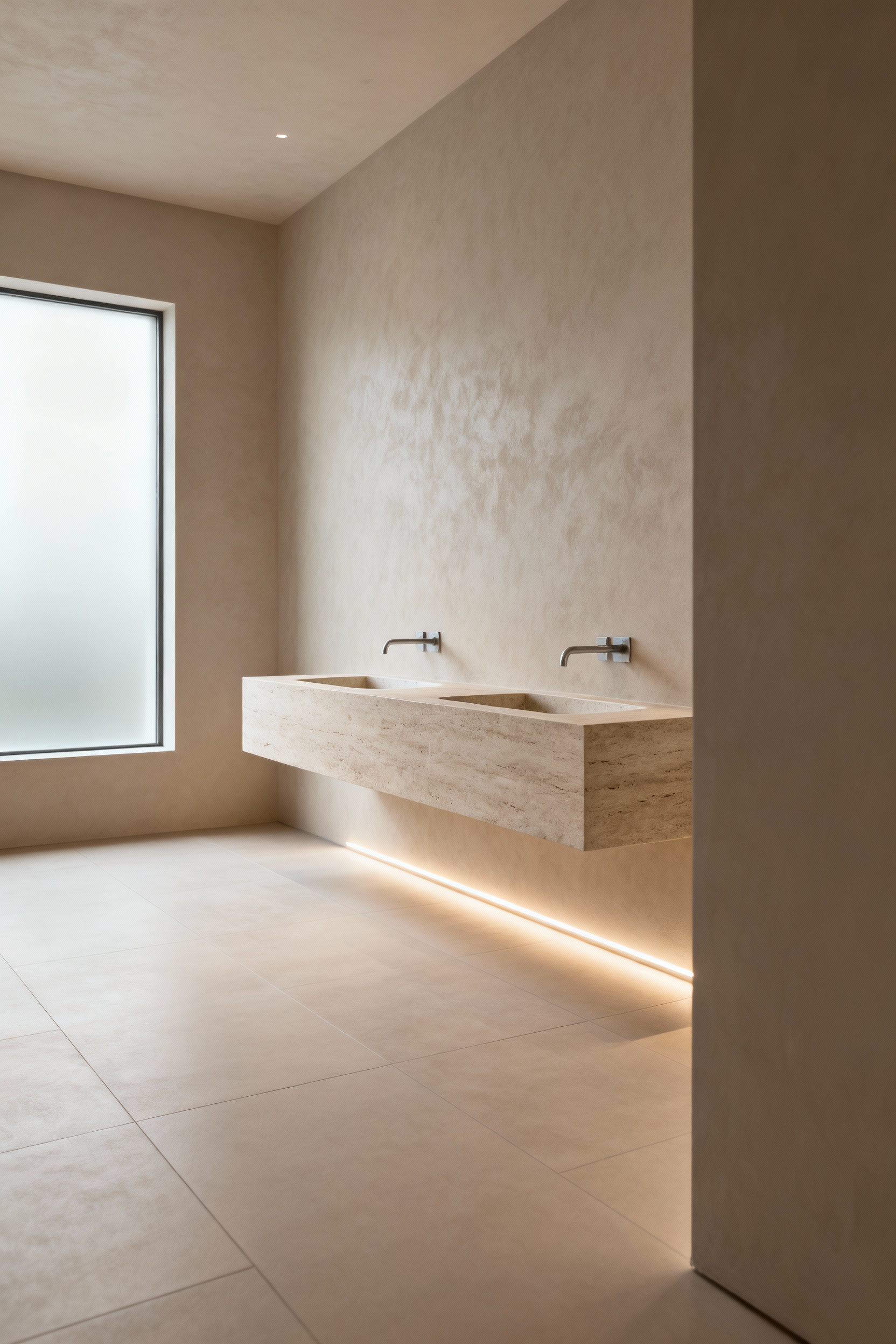 Minimalist bathroom with a wall-mounted floating vanity, light natural stone, double sinks, clear floor space, soft natural lighting.