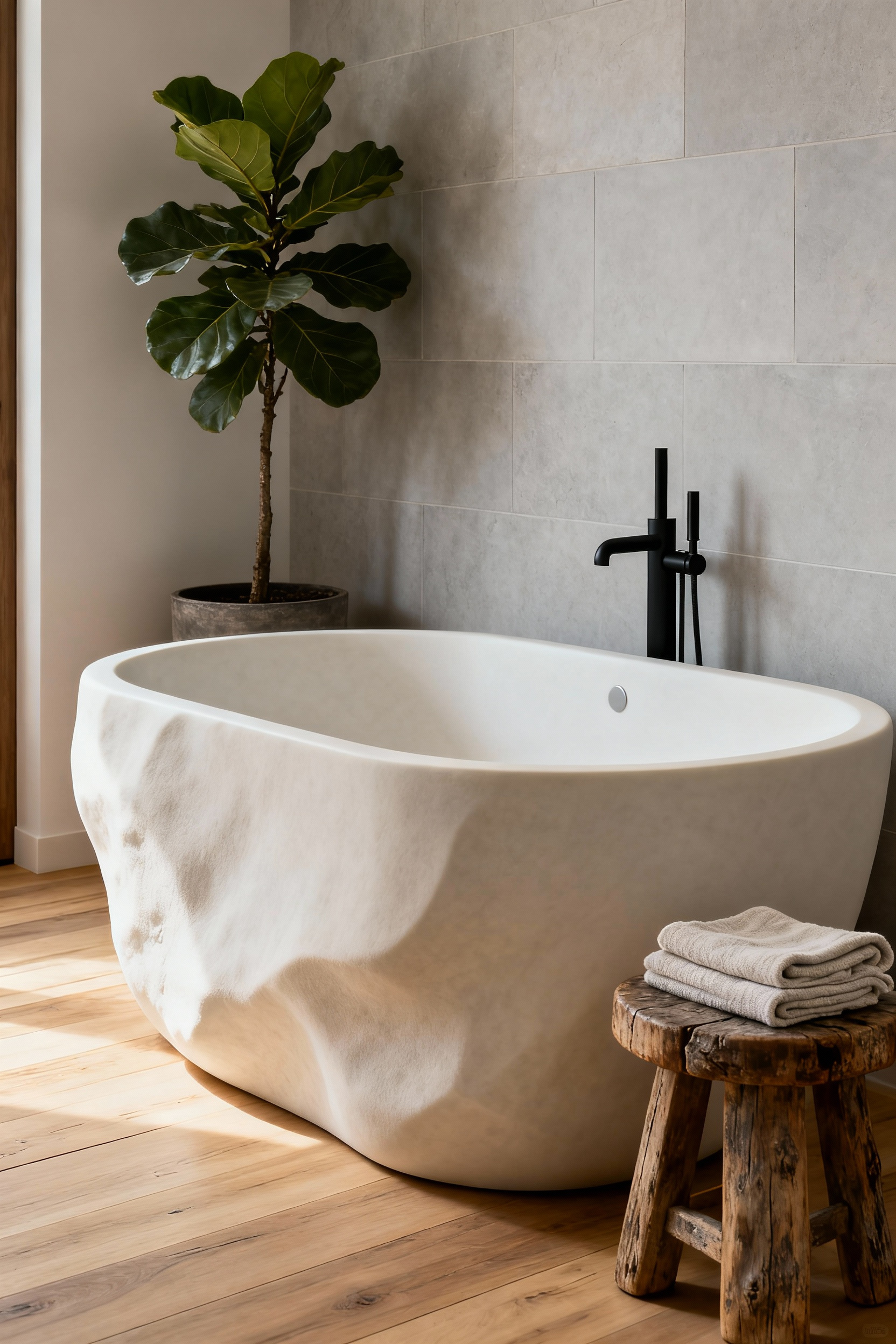 A stunning, modern organic bathroom featuring a large, matte, off-white free-standing stone resin soaking tub, set against warm limestone walls and wood floors, illuminated by soft natural light.
