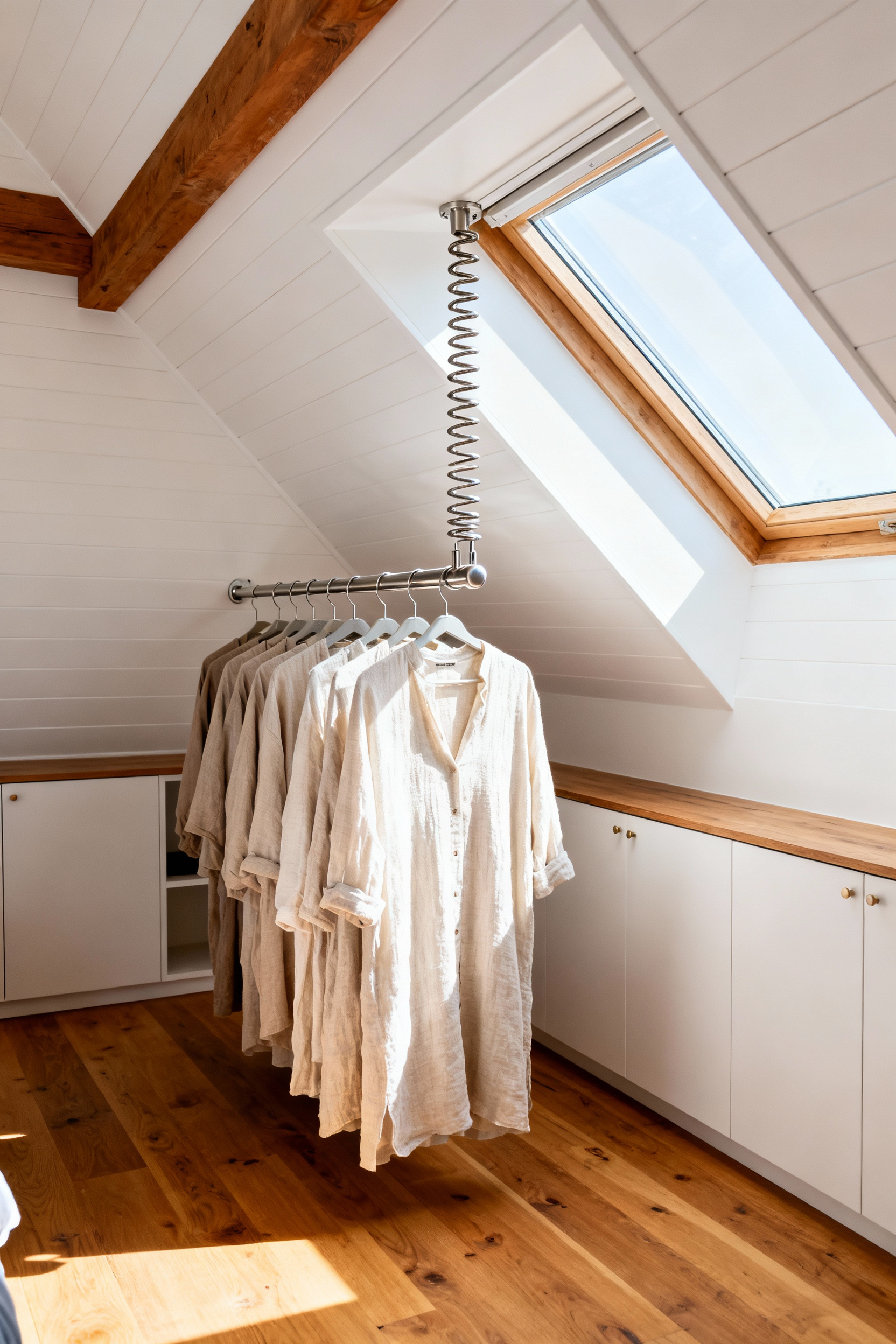 A photograph showing specialized graduated wardrobe rods installed in a custom built-in closet integrated into the low sloping eaves of a white attic bedroom, designed to prevent clothes hangers from sliding down the sharp angle.