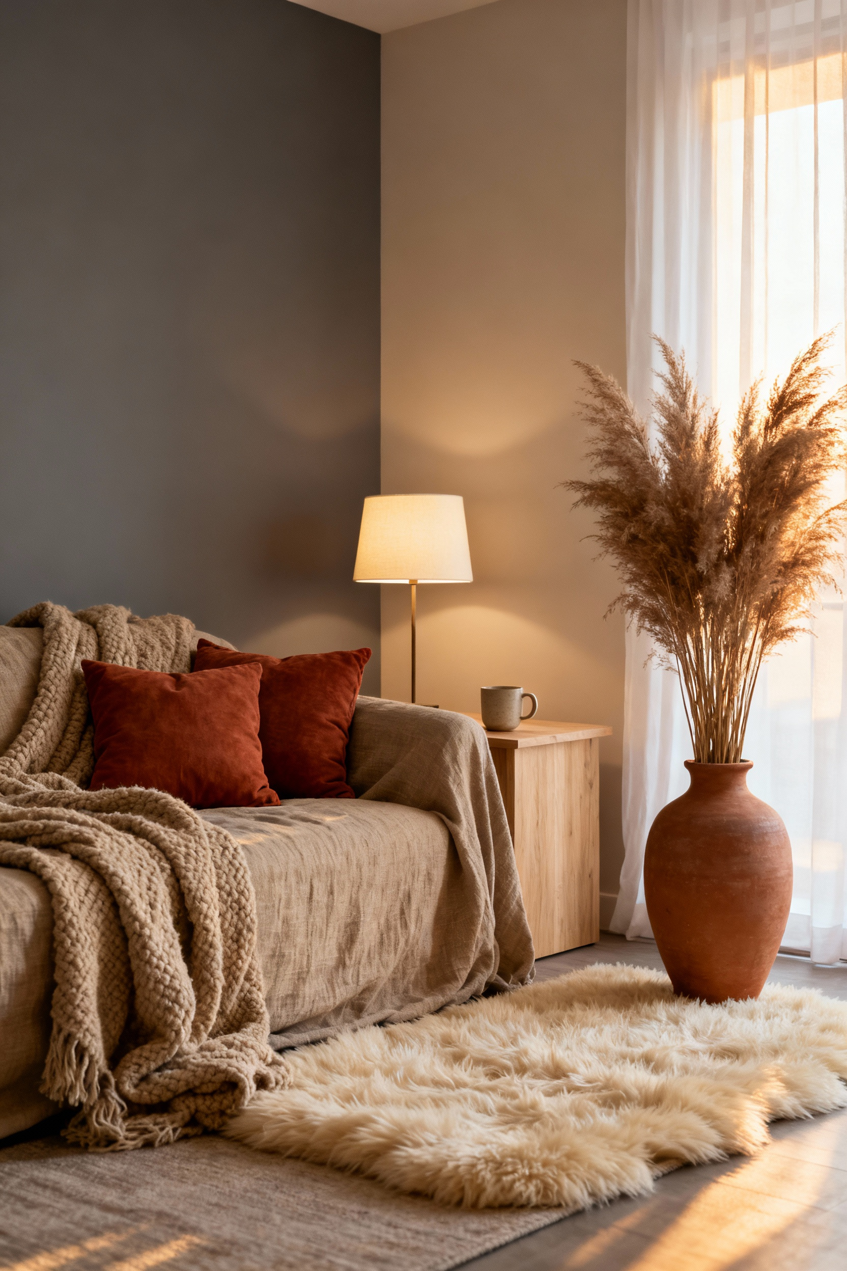 Greige and oatmeal colored apartment living room showcasing warm, nurturing design through terracotta accents and soft natural light.